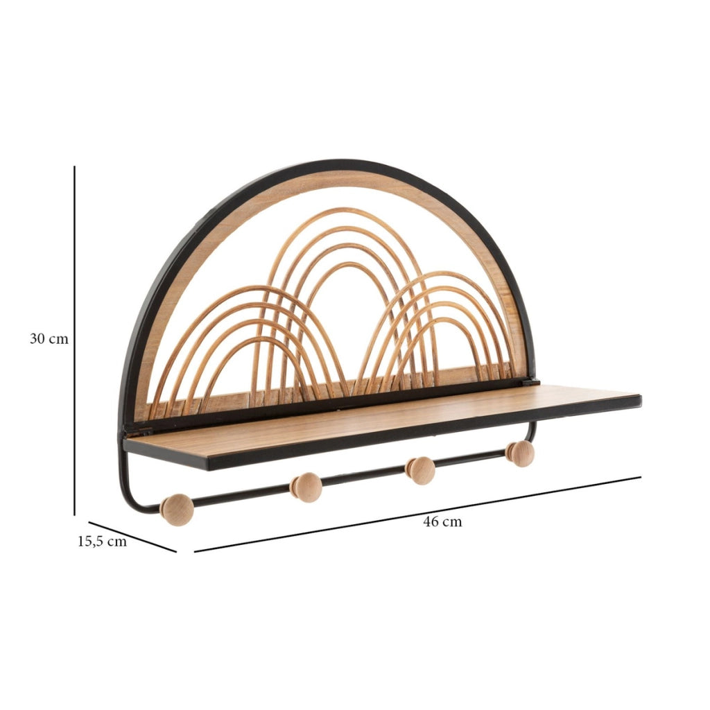Mensola Oporto con appendiabiti in ferro, legno e rattan — 46x15,5x30 cm