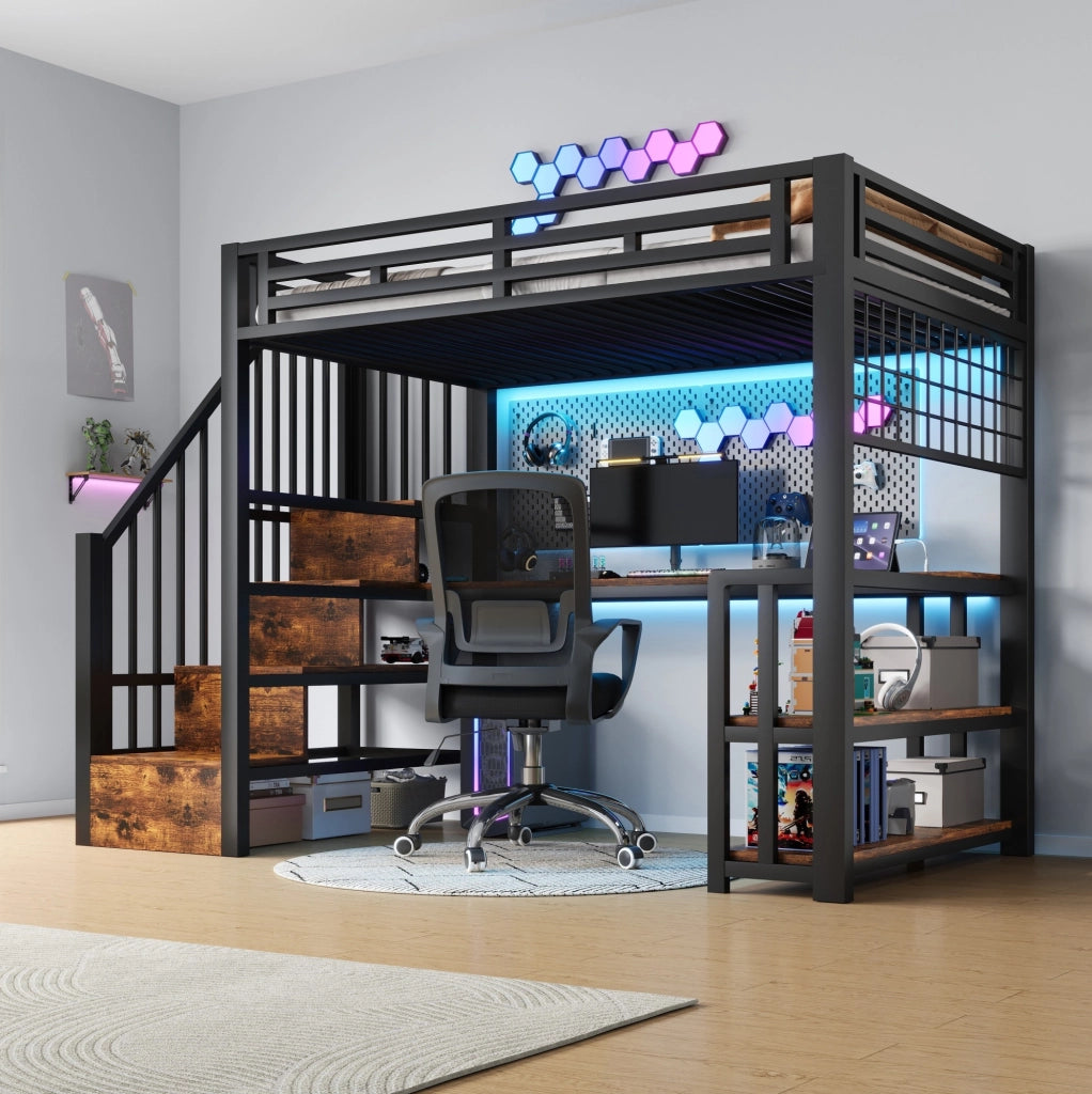 Letto a soppalco 90x200 cm nero con scrivania, LED, scaffale e ricarica USB-C