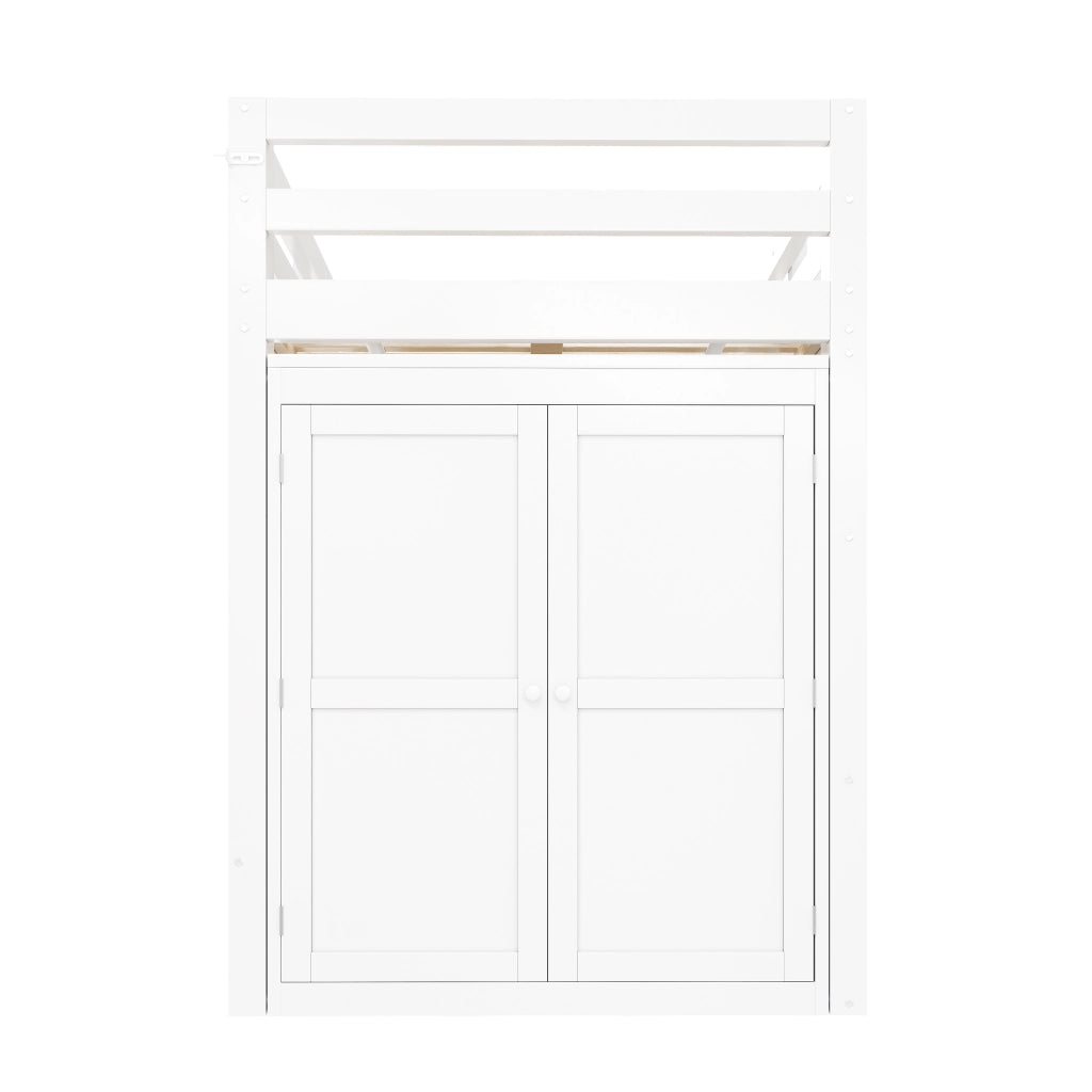 Letto a castello 90x200 cm - Zephmum- Con armadio integrato, finestre e luce LED, bianco
