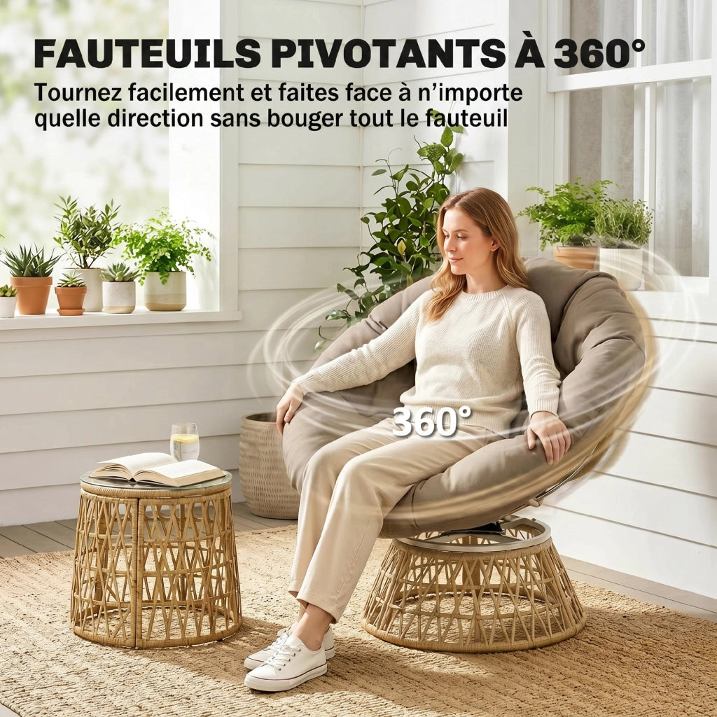 Set giardino 3 pezzi ¨C Minimal ¨C poltrone papasan girevoli e tavolino tondo in resina
