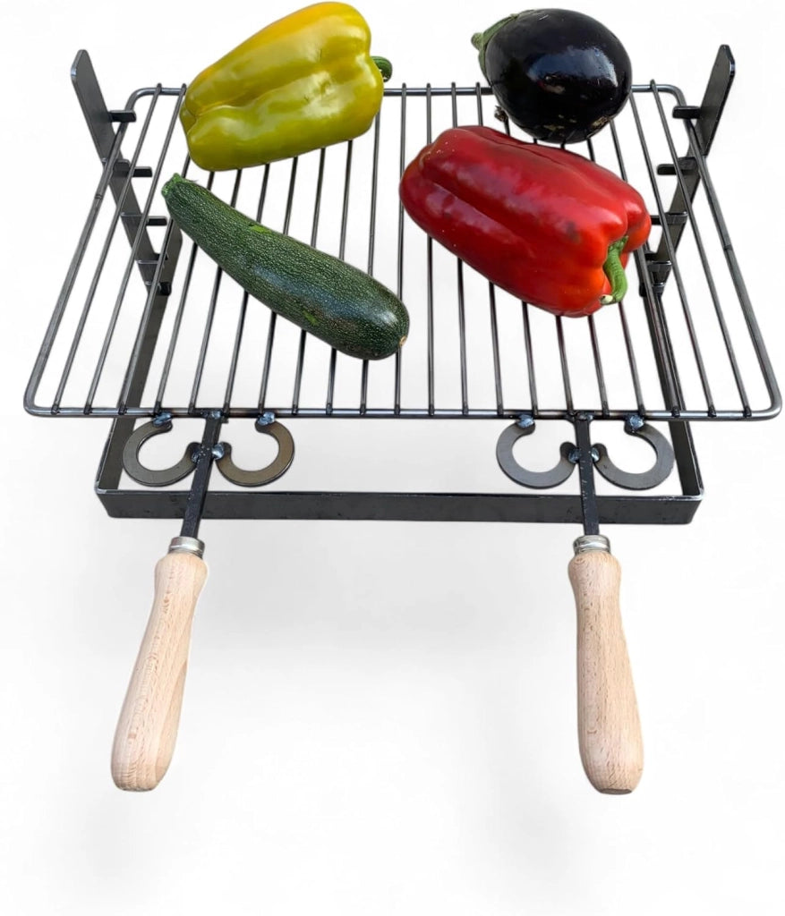 Griglia in ferro regolabile su più altezze, bistecchiera con manici in legno, per barbecue e camino per carne pesce verdure 40x36 cm