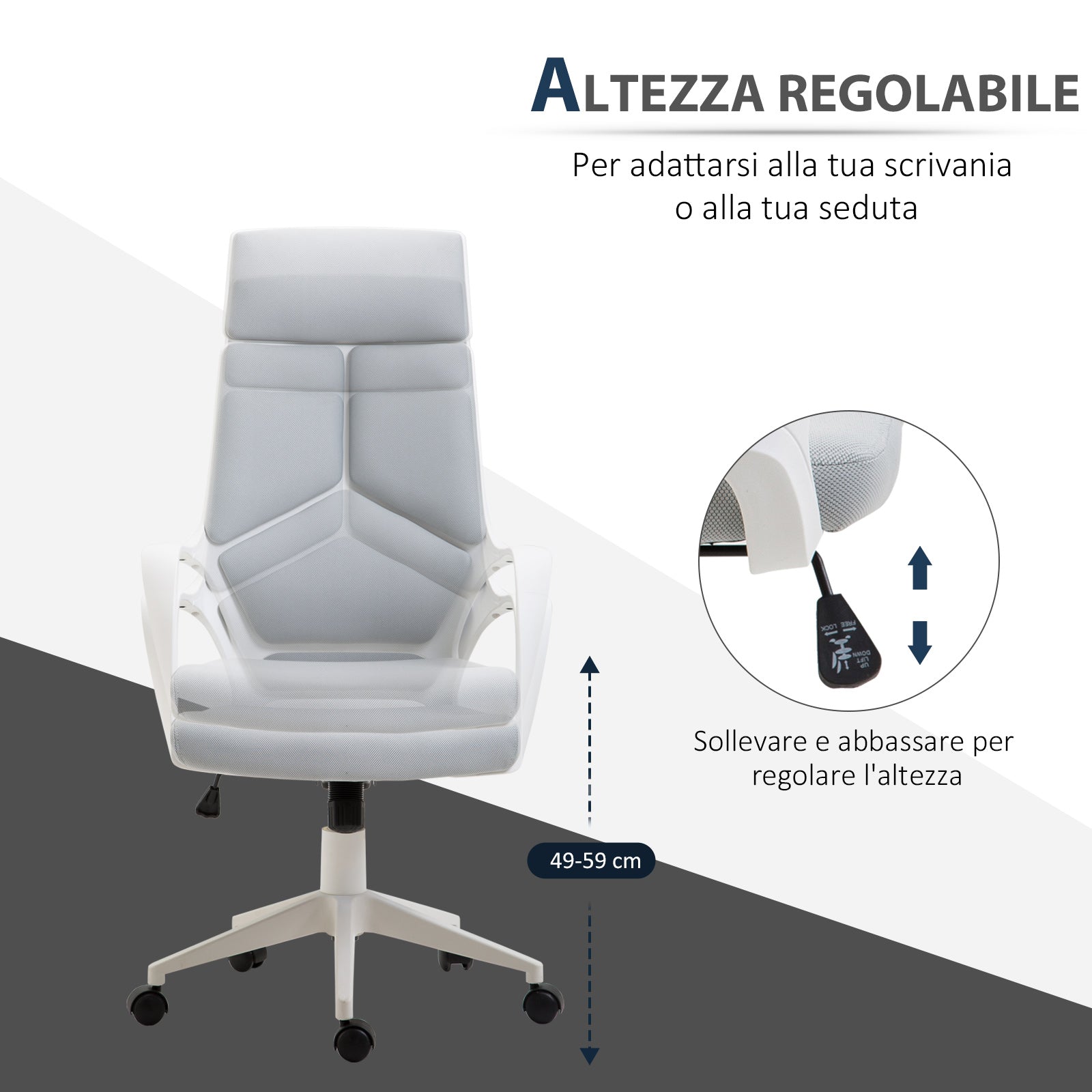 EasyComfort Sedia da Ufficio con Funzione Dondolo, Poltrona Presidenziale in Tessuto Regolabile e Girevole, 63x63x117-127 cm, Grigio