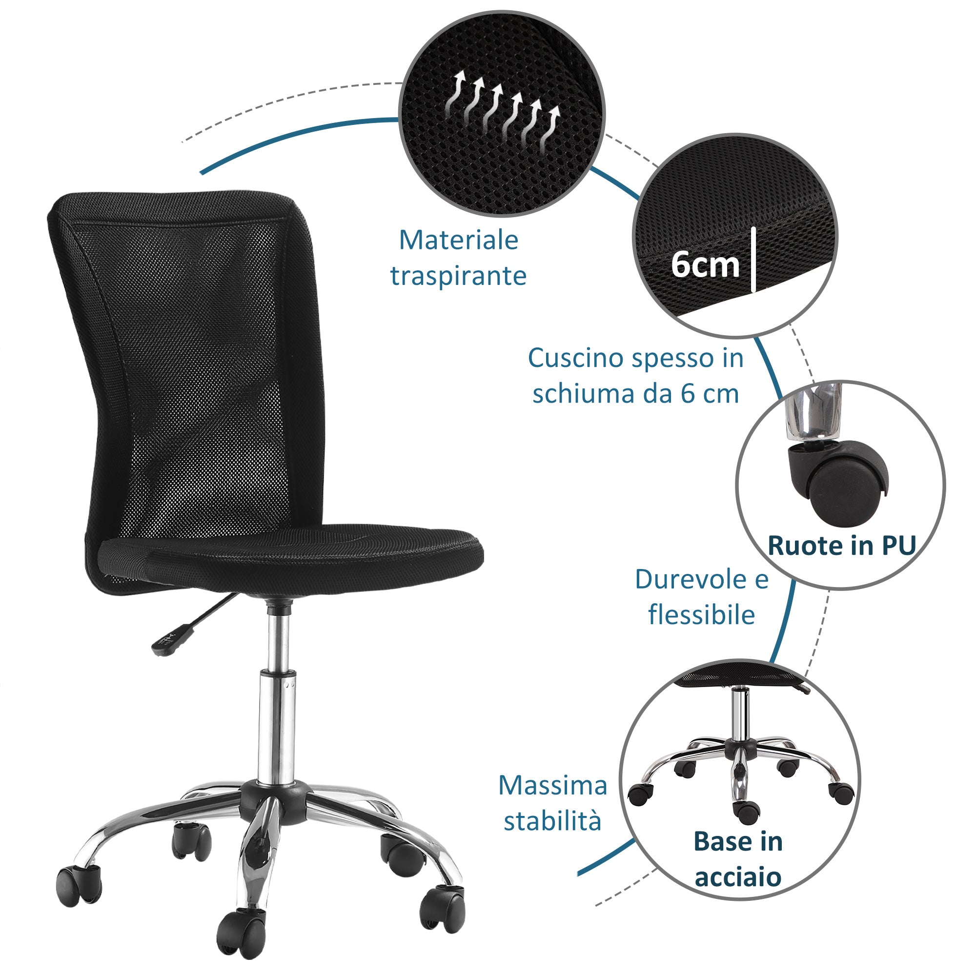 EasyComfort Sedia da Ufficio Ergonomica Senza Braccioli, Tessuto Traspirante a Rete, Altezza Regolabile e 5 Ruote, 43x58x90-100cm, Nero