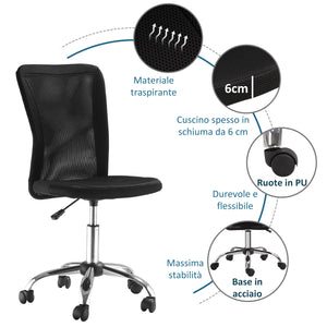 EasyComfort Sedia da Ufficio Ergonomica Senza Braccioli, Tessuto Traspirante a Rete, Altezza Regolabile e 5 Ruote, 43x58x90-100cm, Nero