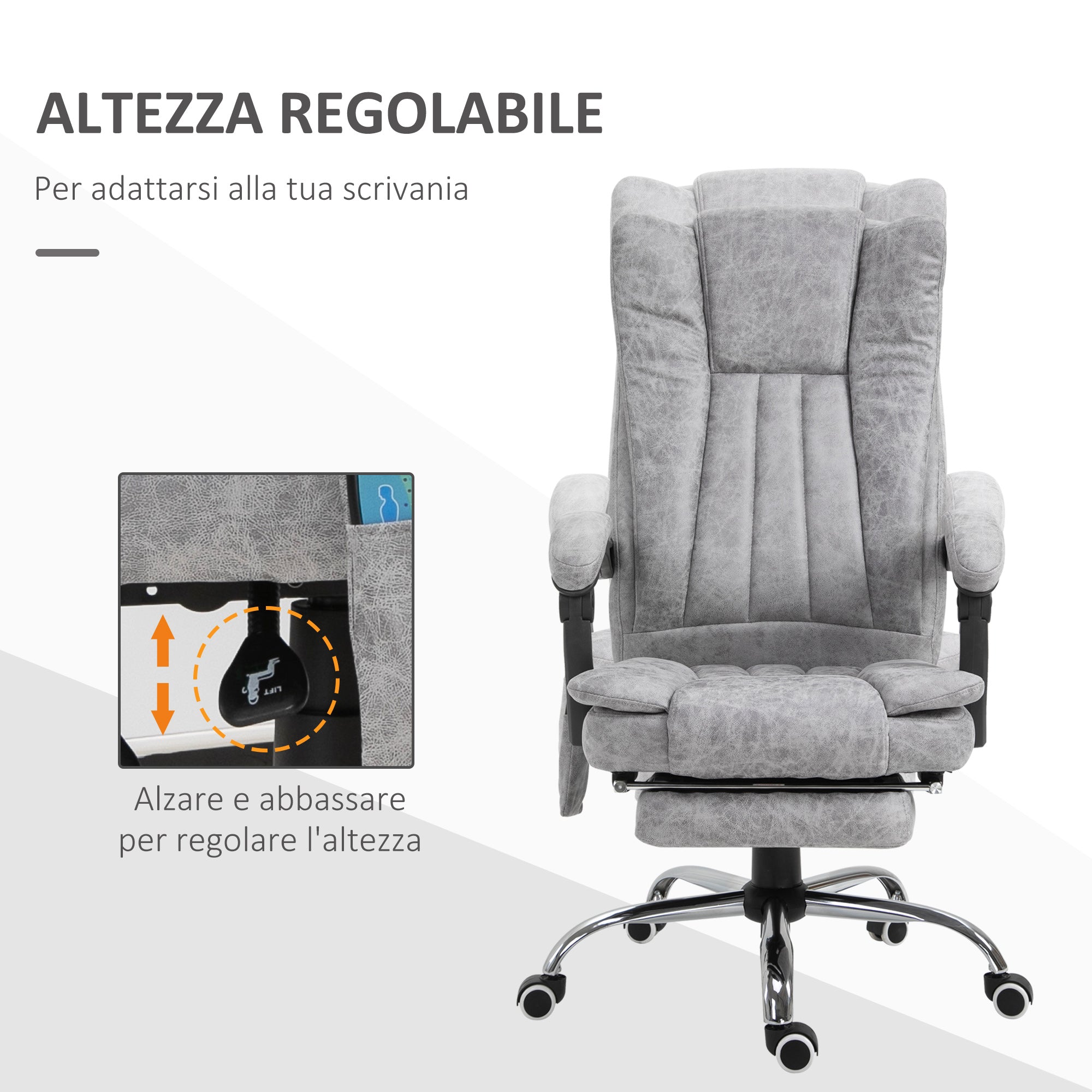 Easycomfort Poltrona da Ufficio Massaggiante Riscaldante, Altezza e Reclinazione Regolabili, Poggiapiedi Retrattile, 62x67x113-120cm, Grigio