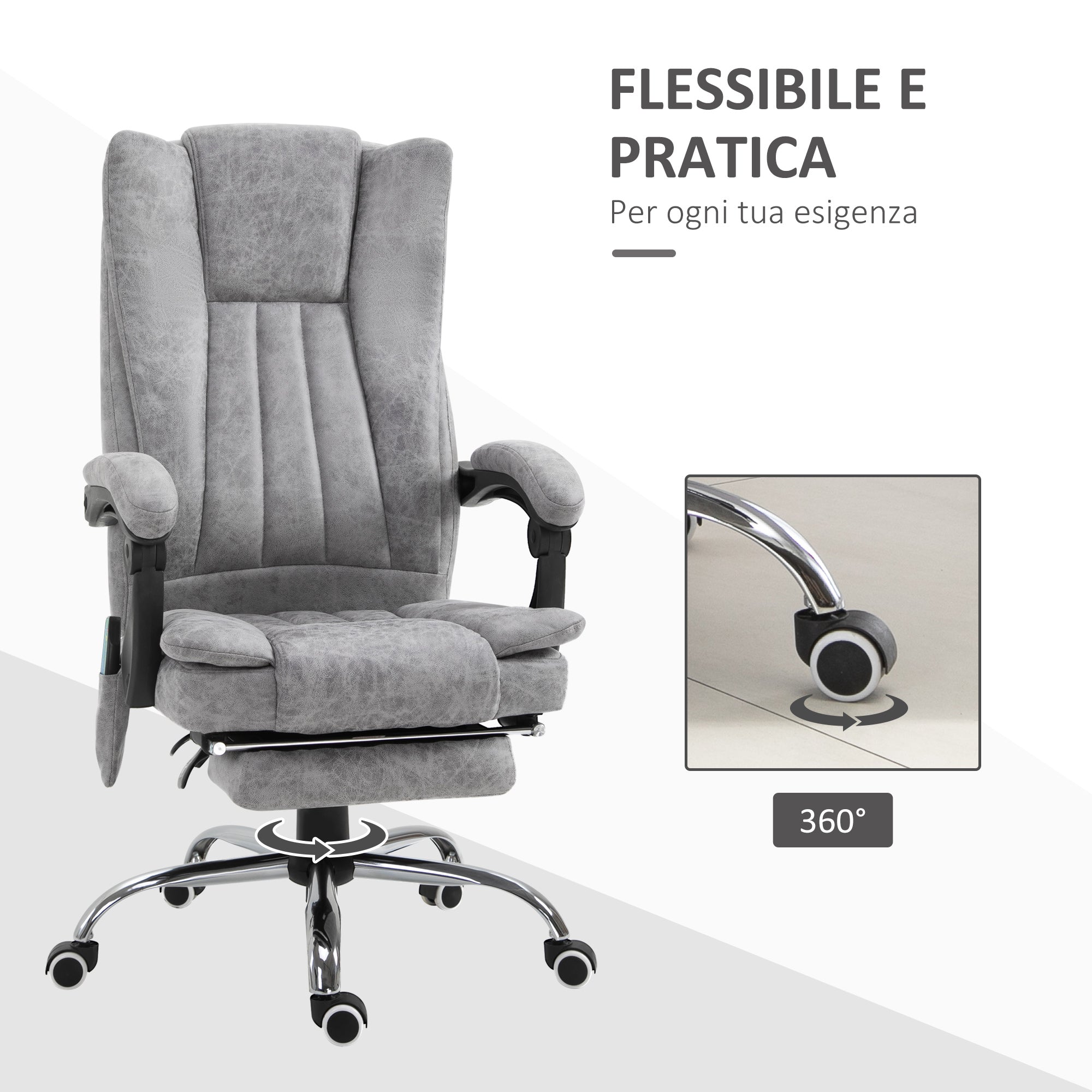 Easycomfort Poltrona da Ufficio Massaggiante Riscaldante, Altezza e Reclinazione Regolabili, Poggiapiedi Retrattile, 62x67x113-120cm, Grigio