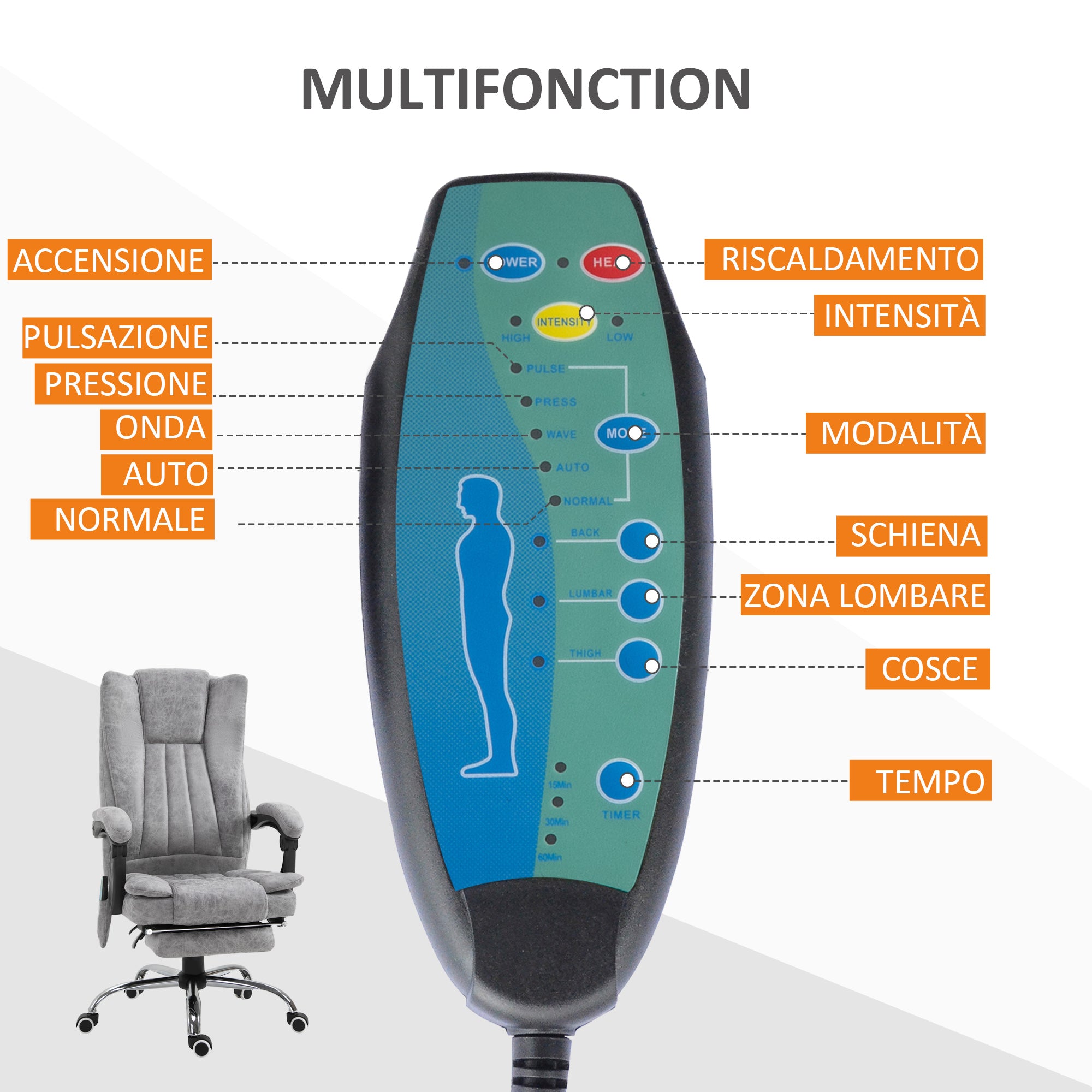 Easycomfort Poltrona da Ufficio Massaggiante Riscaldante, Altezza e Reclinazione Regolabili, Poggiapiedi Retrattile, 62x67x113-120cm, Grigio