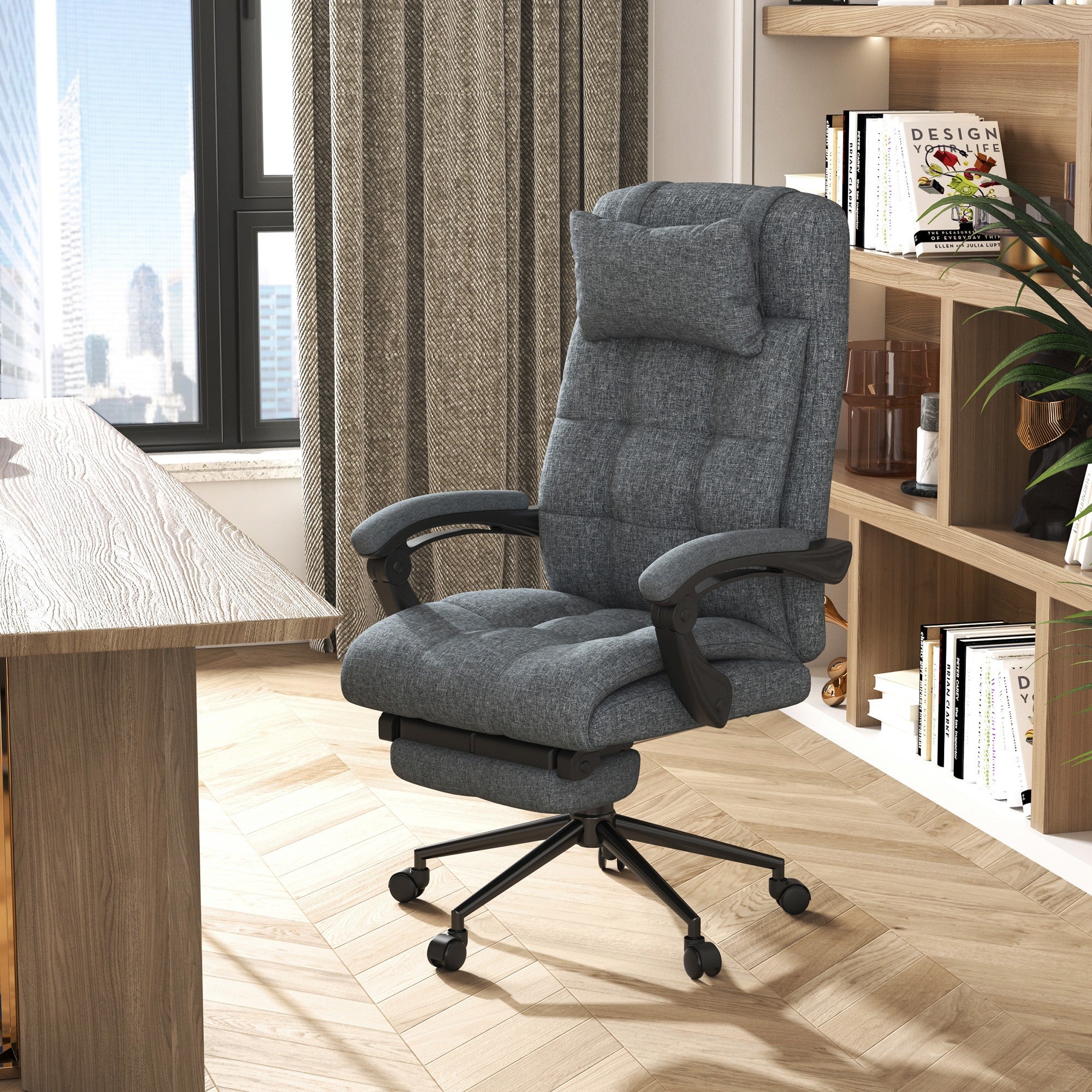 EasyComfort Sedia da Ufficio Ergonomica Reclinabile, Sedia Direzionale con Schiena Alta, Poltrona Ufficio con Poggiatesta e Poggiapiedi Estraibile, 66x70x116-124cm, Grigio
