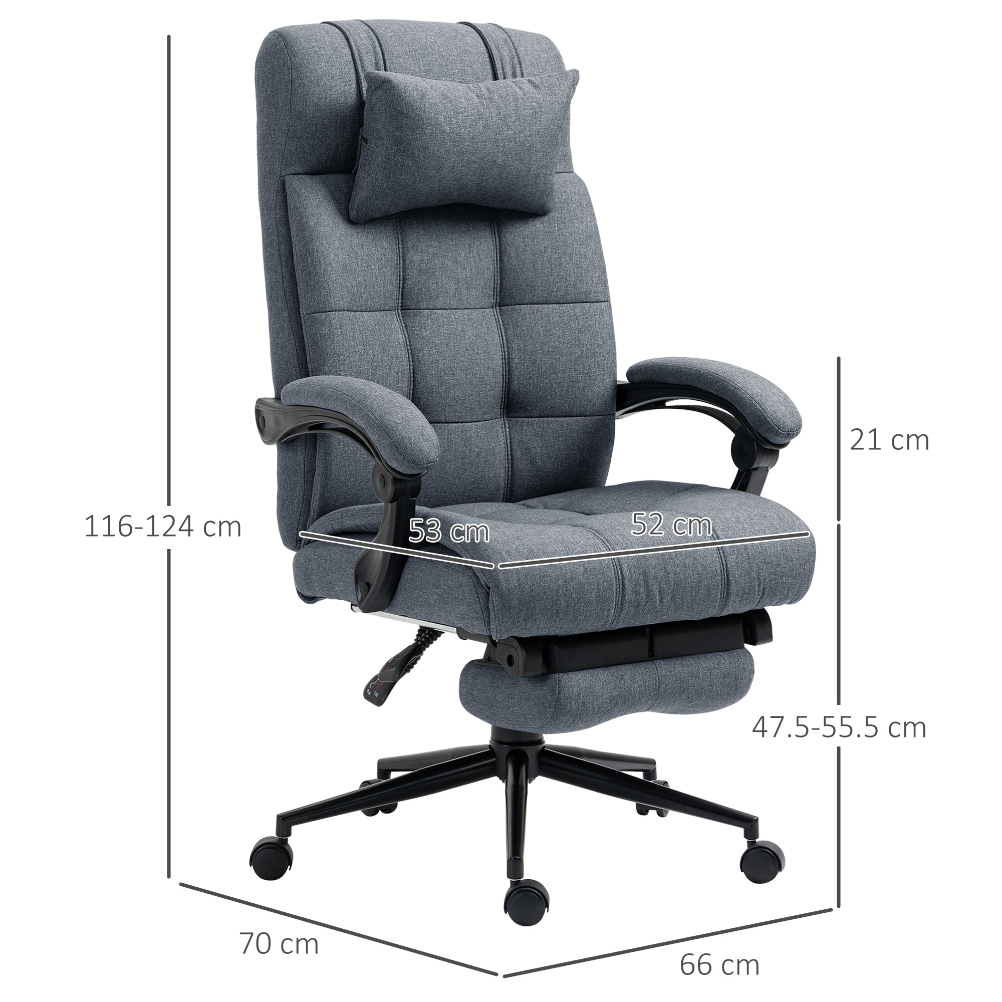 EasyComfort Sedia da Ufficio Ergonomica Reclinabile, Sedia Direzionale con Schiena Alta, Poltrona Ufficio con Poggiatesta e Poggiapiedi Estraibile, 66x70x116-124cm, Grigio
