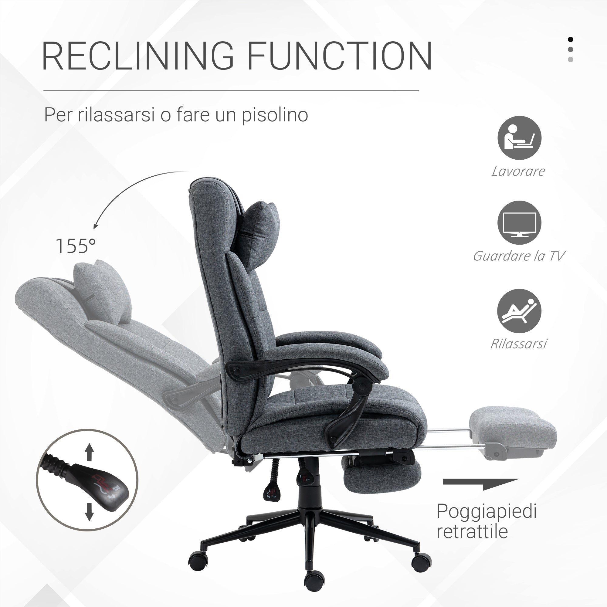 EasyComfort Sedia da Ufficio Ergonomica Reclinabile, Sedia Direzionale con Schiena Alta, Poltrona Ufficio con Poggiatesta e Poggiapiedi Estraibile, 66x70x116-124cm, Grigio