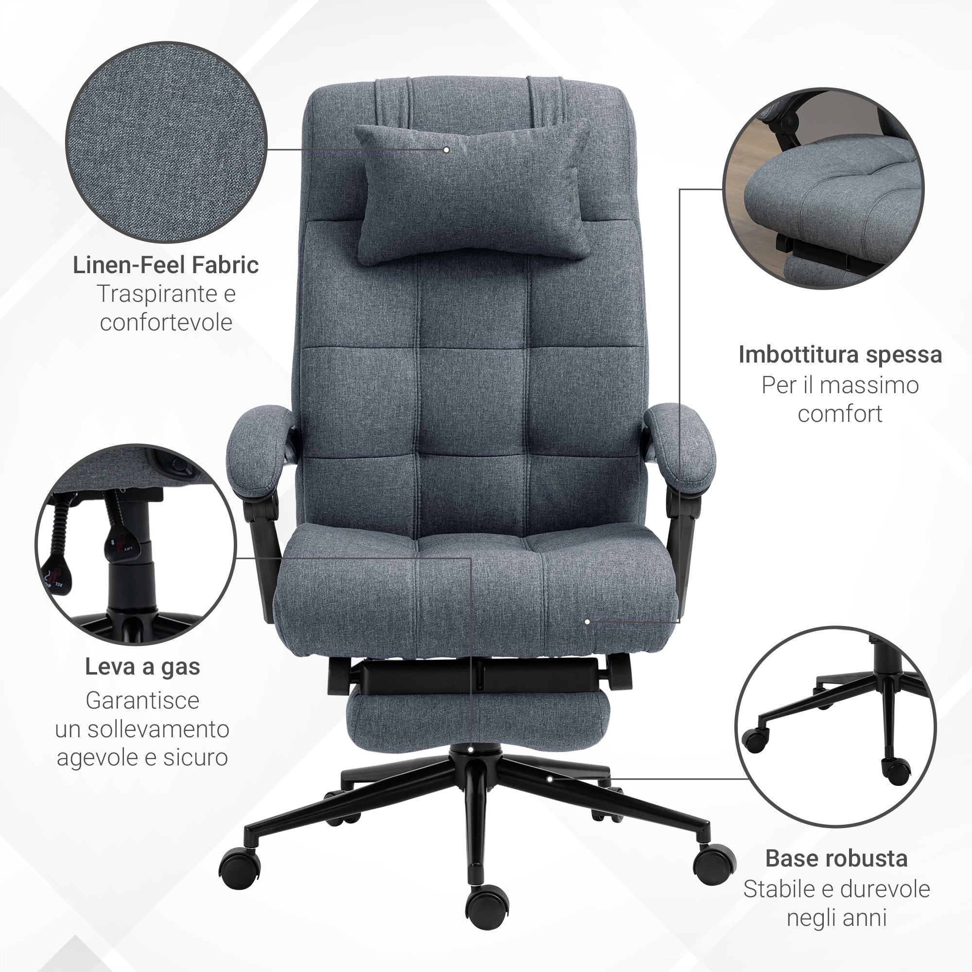 EasyComfort Sedia da Ufficio Ergonomica Reclinabile, Sedia Direzionale con Schiena Alta, Poltrona Ufficio con Poggiatesta e Poggiapiedi Estraibile, 66x70x116-124cm, Grigio
