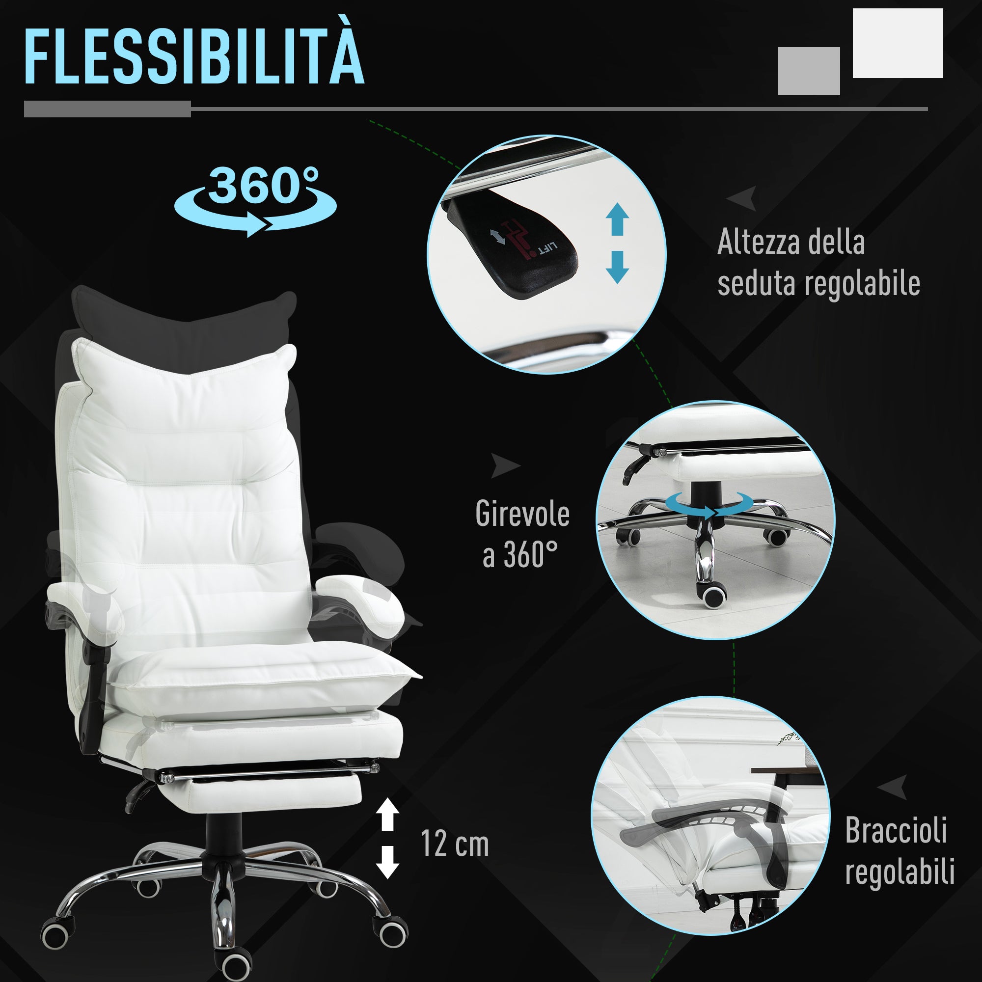 Easycomfort Poltrona da Ufficio in Finta Pelle Bianca, Altezza Regolabile con Schienale Reclinabile 155° e Poggiapiedi