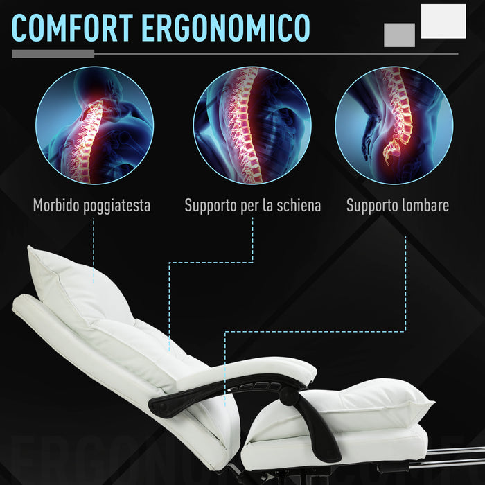 Easycomfort Poltrona da Ufficio in Finta Pelle Bianca, Altezza Regolabile con Schienale Reclinabile 155° e Poggiapiedi