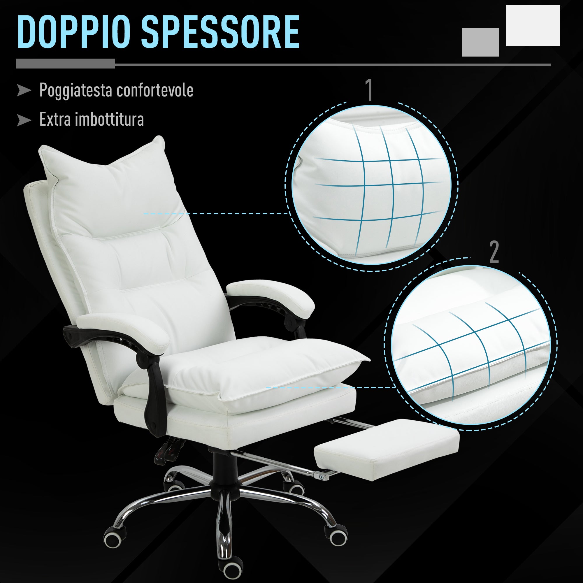 Easycomfort Poltrona da Ufficio in Finta Pelle Bianca, Altezza Regolabile con Schienale Reclinabile 155° e Poggiapiedi