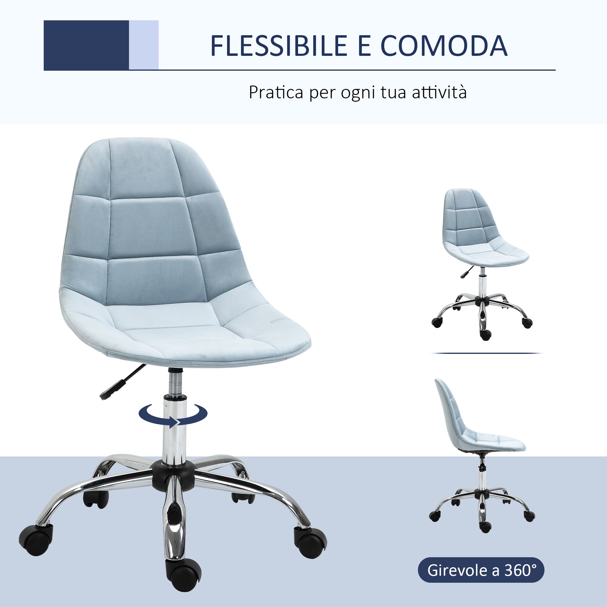 EasyComfort Sedia da Ufficio Ergonomico, Sedia Girevole Scrivania, Regolabile Senza Braccioli, Azzurro, 59x59x81-91cm