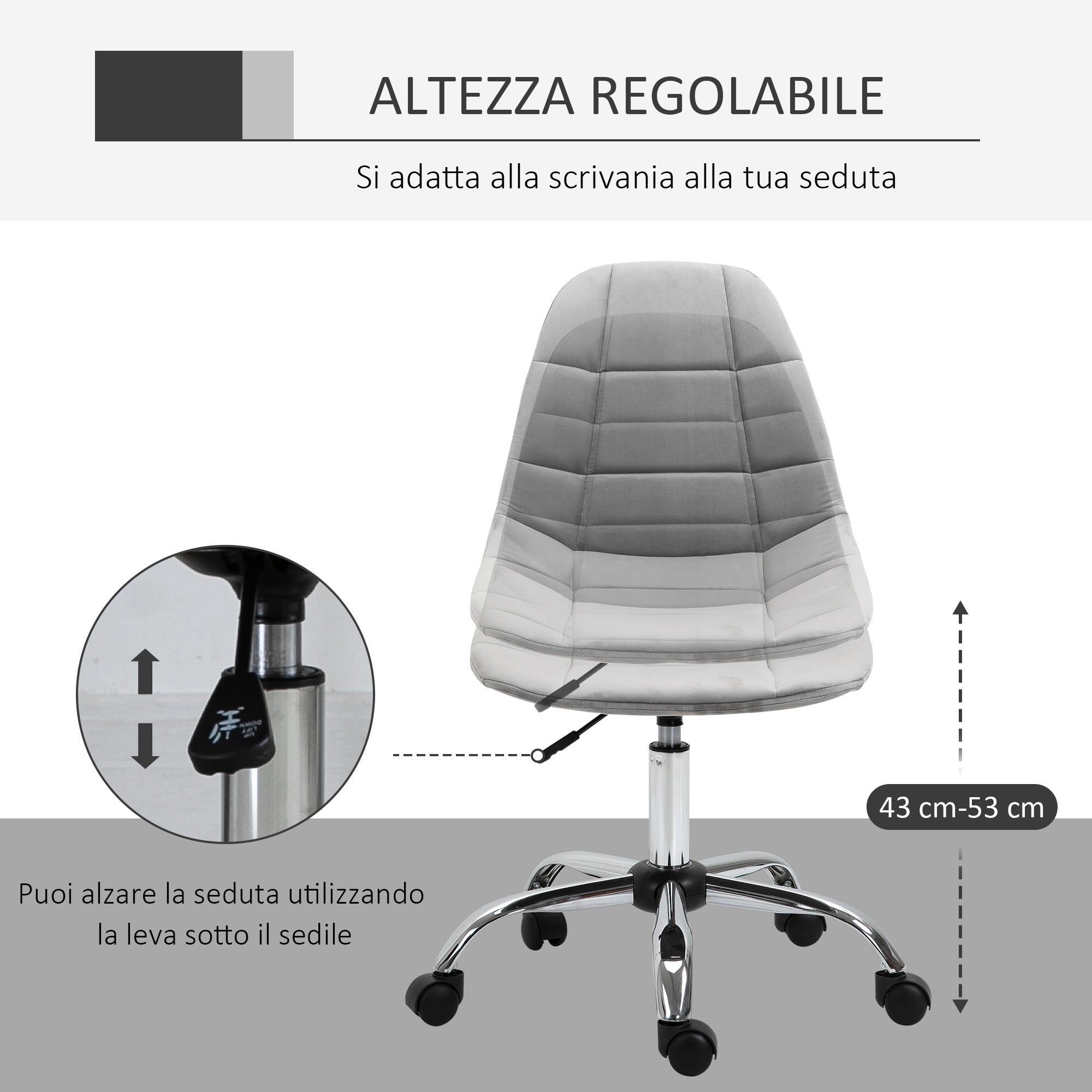 Easycomfort Sedia Girevole , Design Ergonomico e Regolabile Senza Braccioli, Grigio, 59x59x81-91cm