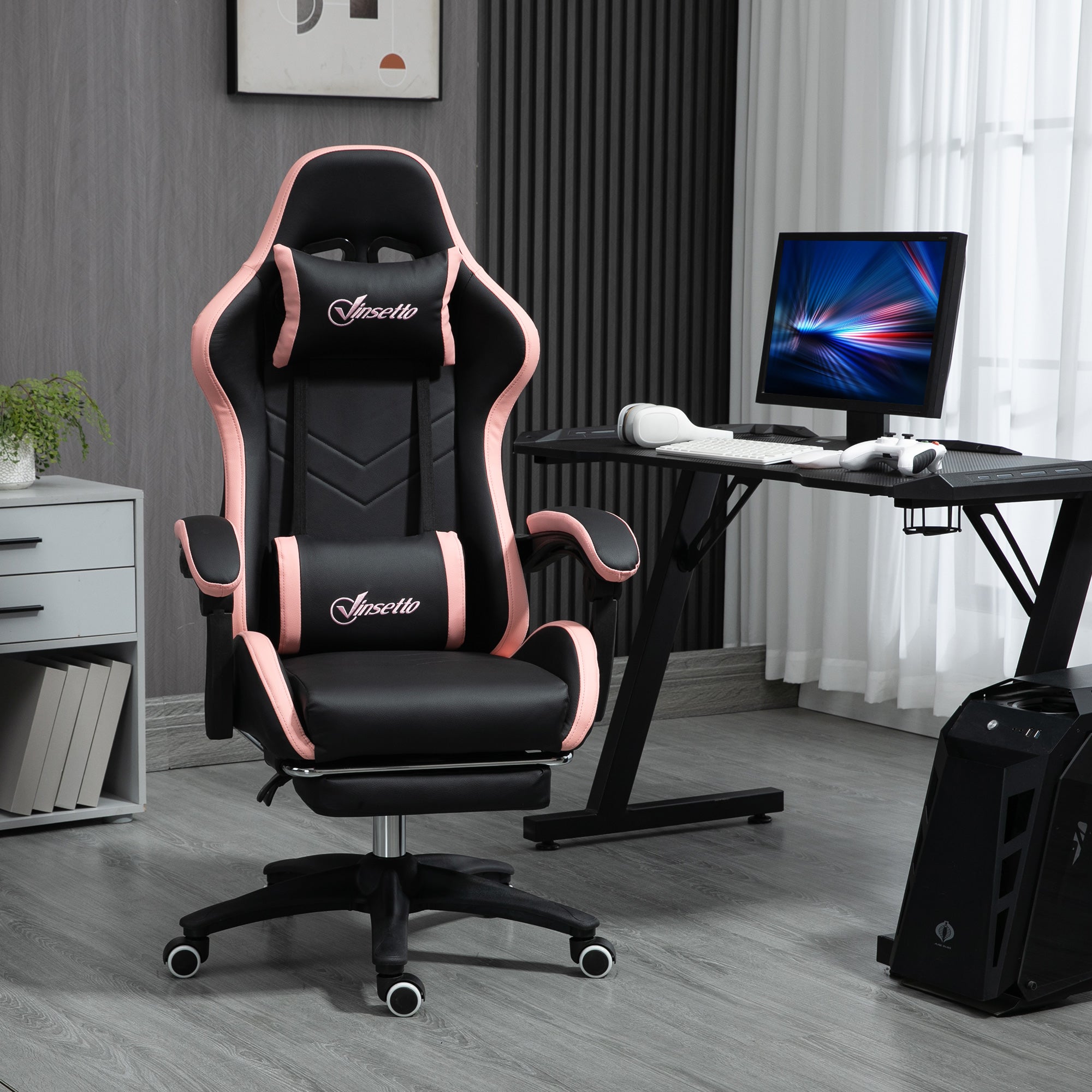 Easycomfort Sedia da Gaming ad Altezza Regolabile con Poggiatesta, 65x65x121-129 cm, Rosa e Nero