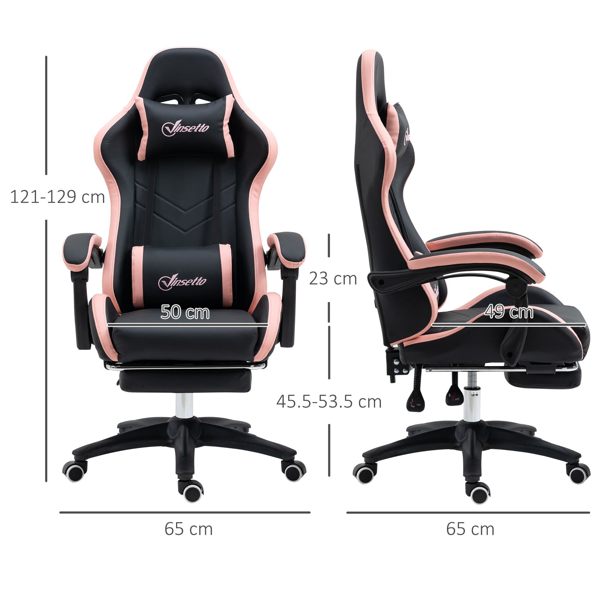 Easycomfort Sedia da Gaming ad Altezza Regolabile con Poggiatesta, 65x65x121-129 cm, Rosa e Nero