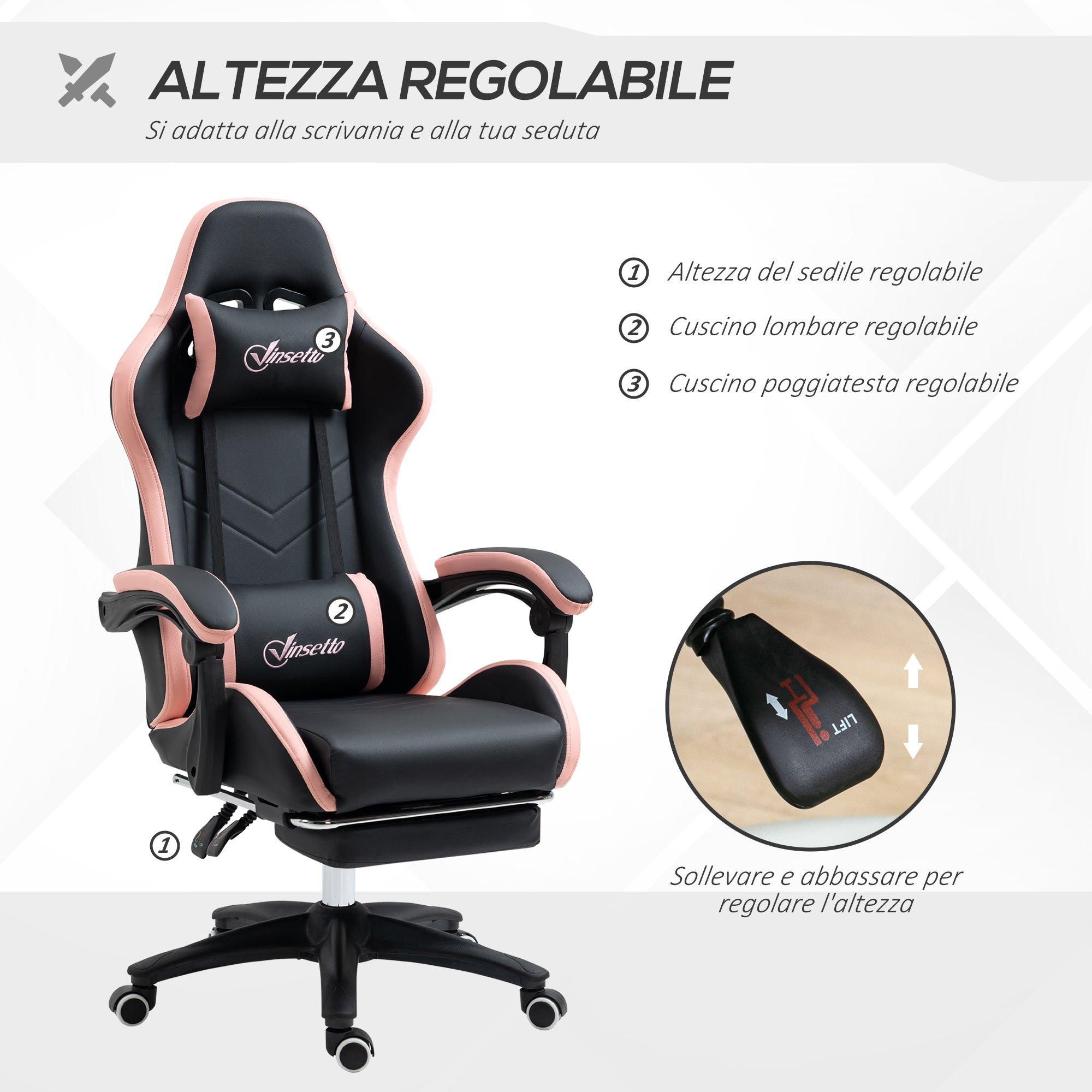 Easycomfort Sedia da Gaming ad Altezza Regolabile con Poggiatesta, 65x65x121-129 cm, Rosa e Nero