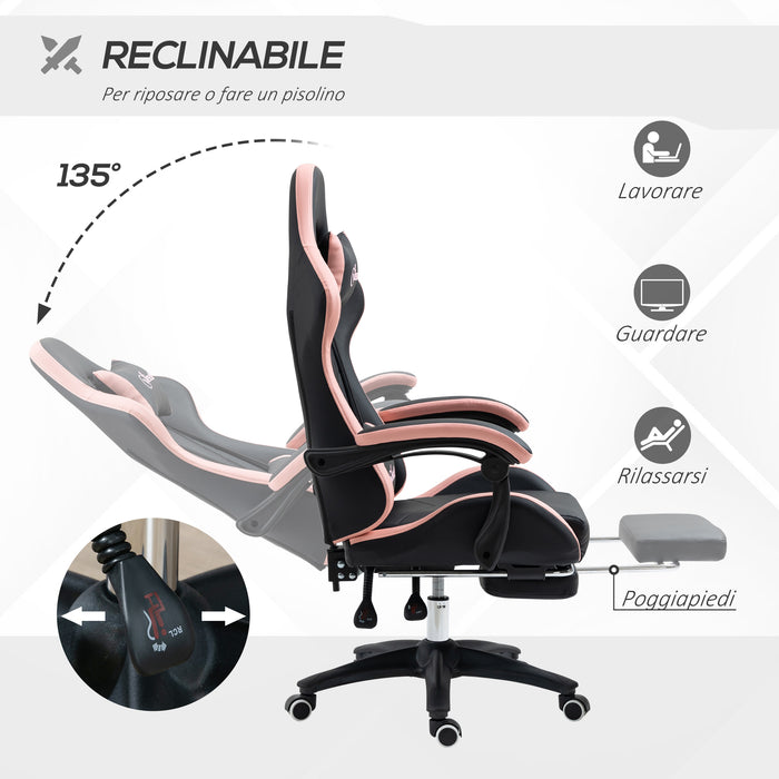 Easycomfort Sedia da Gaming ad Altezza Regolabile con Poggiatesta, 65x65x121-129 cm, Rosa e Nero