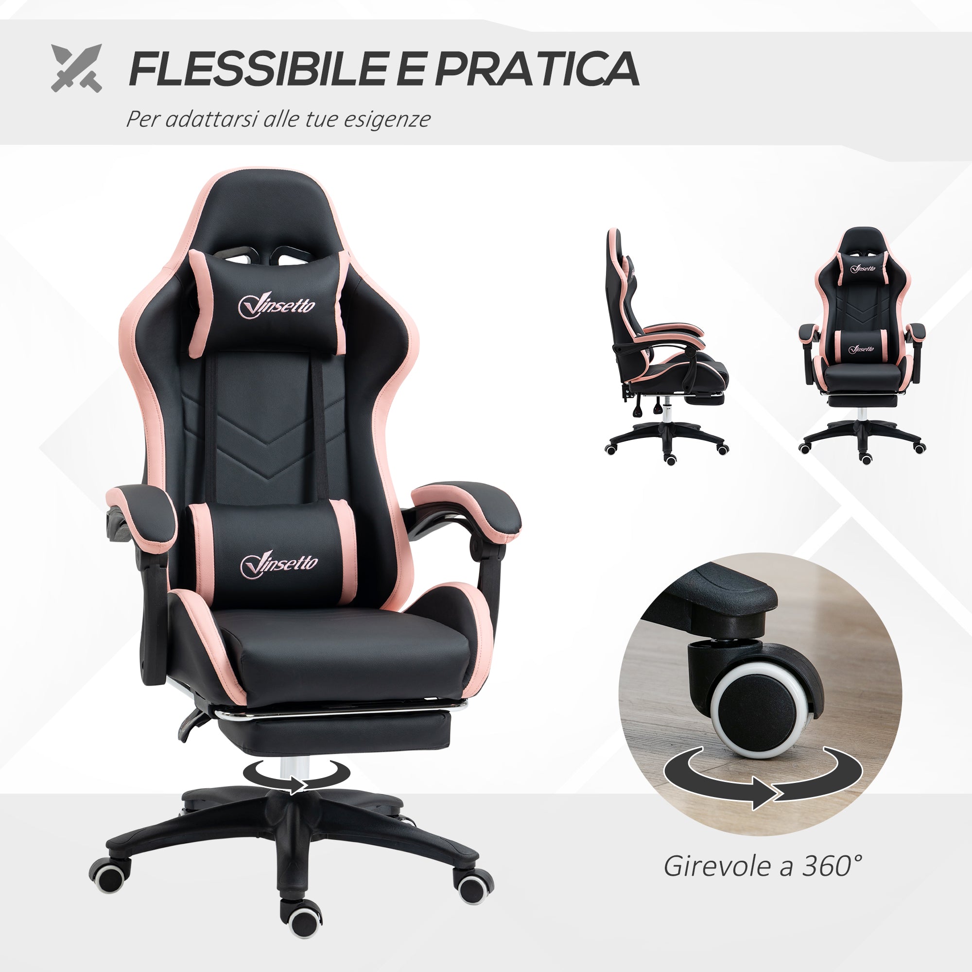 Easycomfort Sedia da Gaming ad Altezza Regolabile con Poggiatesta, 65x65x121-129 cm, Rosa e Nero