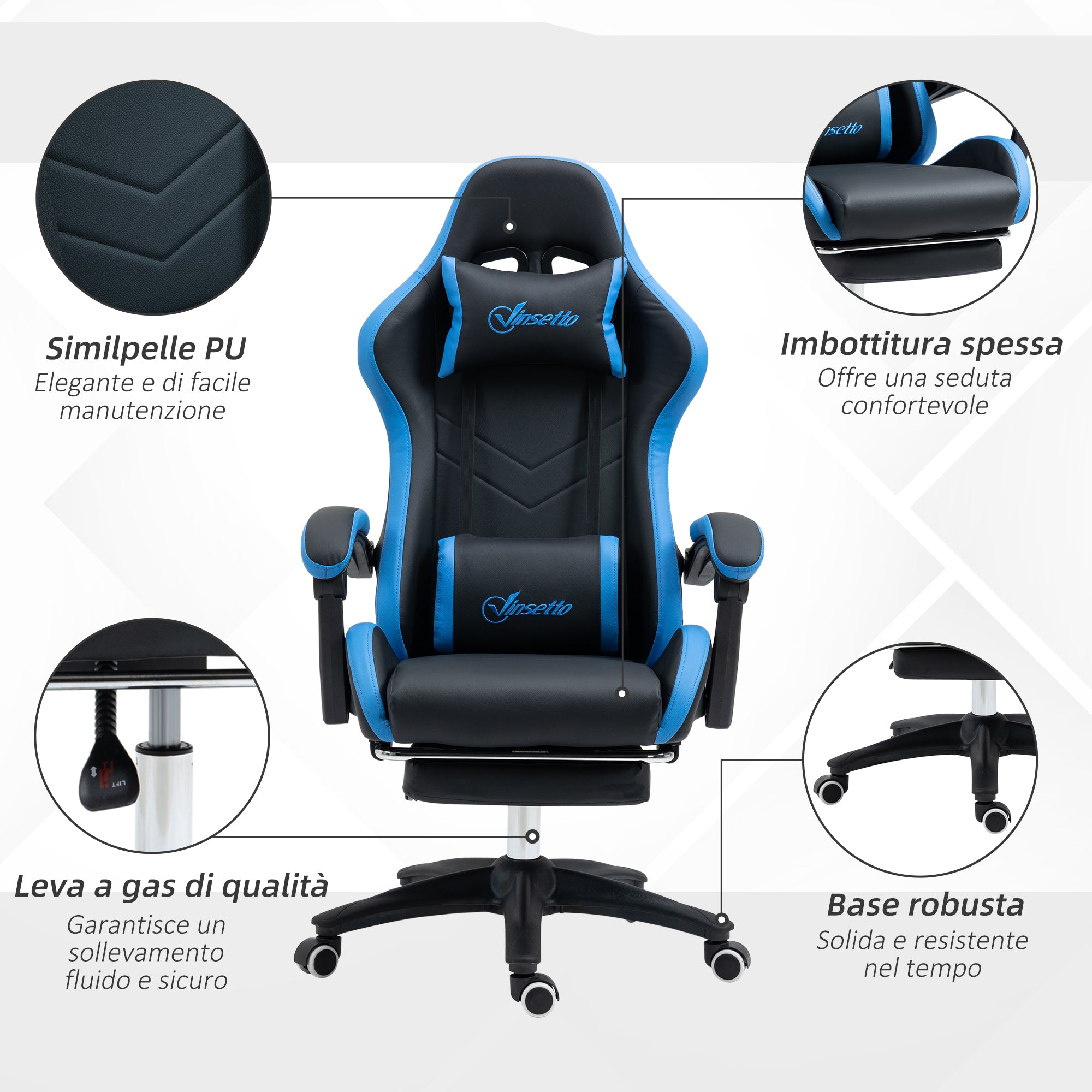 Easycomfort Sedia da Gaming con Altezza Regolabile e Schienale Reclinabile, 65x65x121-129 cm, Blu e Nero