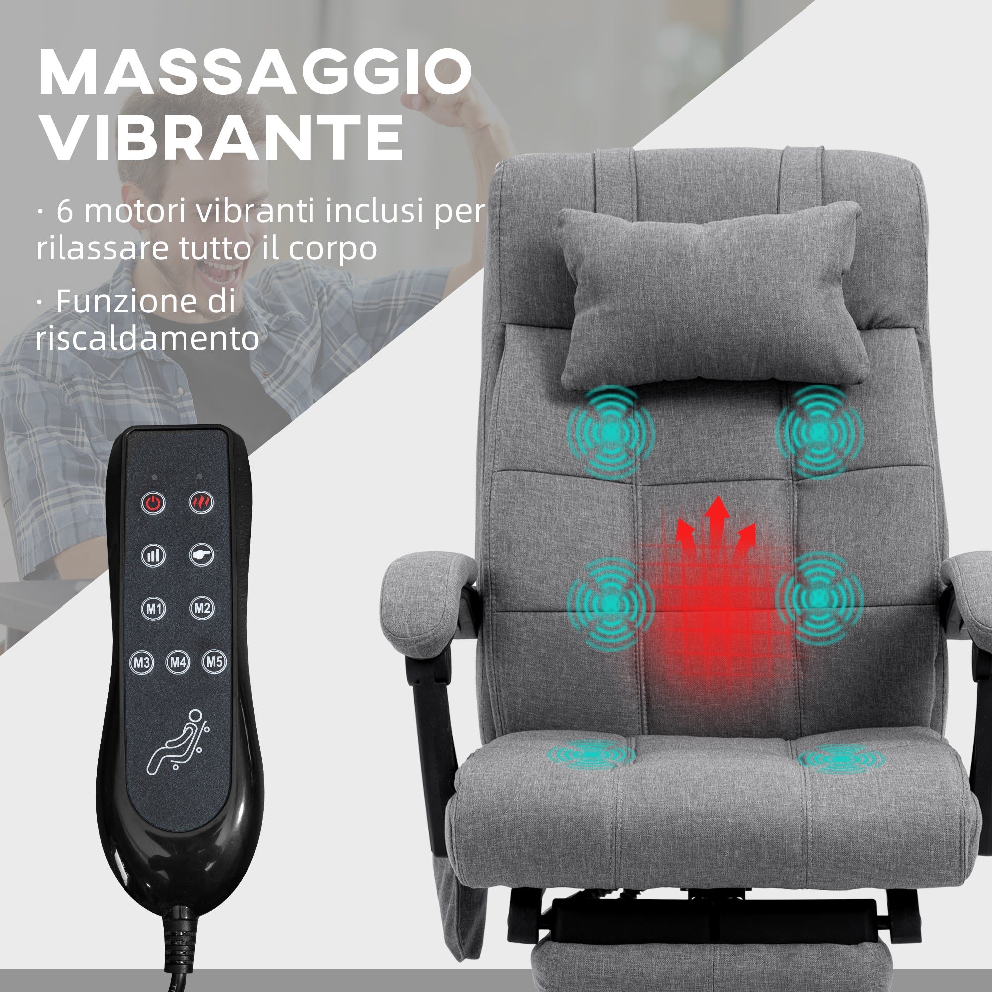 Easycomfort Sedia da Ufficio Reclinabile e Riscaldante con 6 Punti Massaggio e 5 Modalità, Grigio