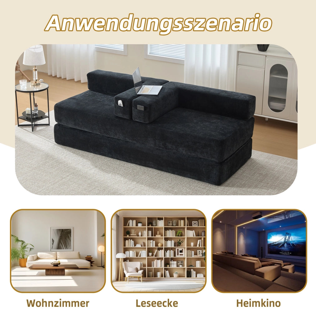 Divano modulare in ciniglia nero 198x79x60 cm