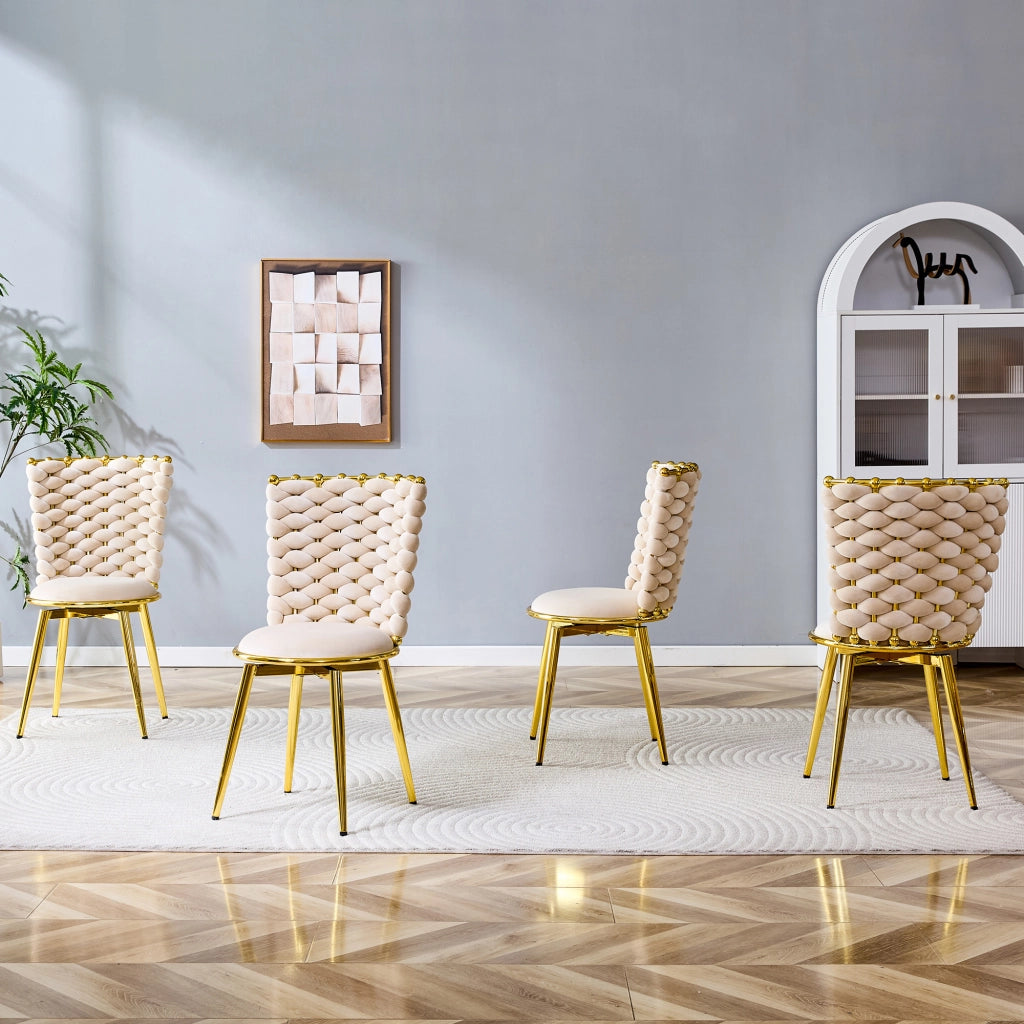 Set di 2 sedie da pranzo moderne in velluto con schienale intrecciato e gambe in metallo dorato