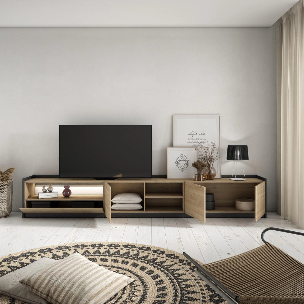 Mobile TV Soggiorno, 310x50x37 cm, Per TV fino a 80", LED, Rovere e nero