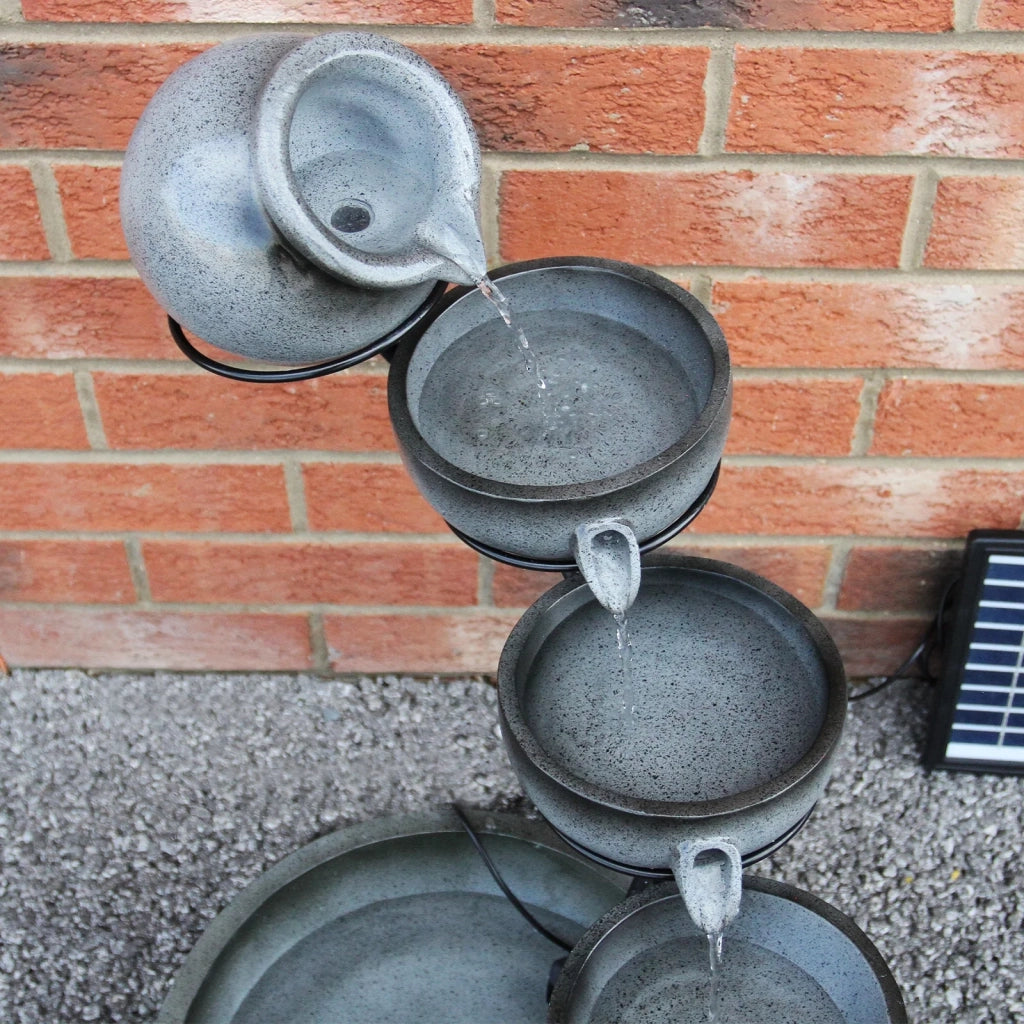 Fontana Solare a Cascata da Giardino con Batteria di Supporto da 6 Ore Fontanella con Pannello Solare e Picchetto Fontanella a Vasi Fontana con Ciotole - Grigio