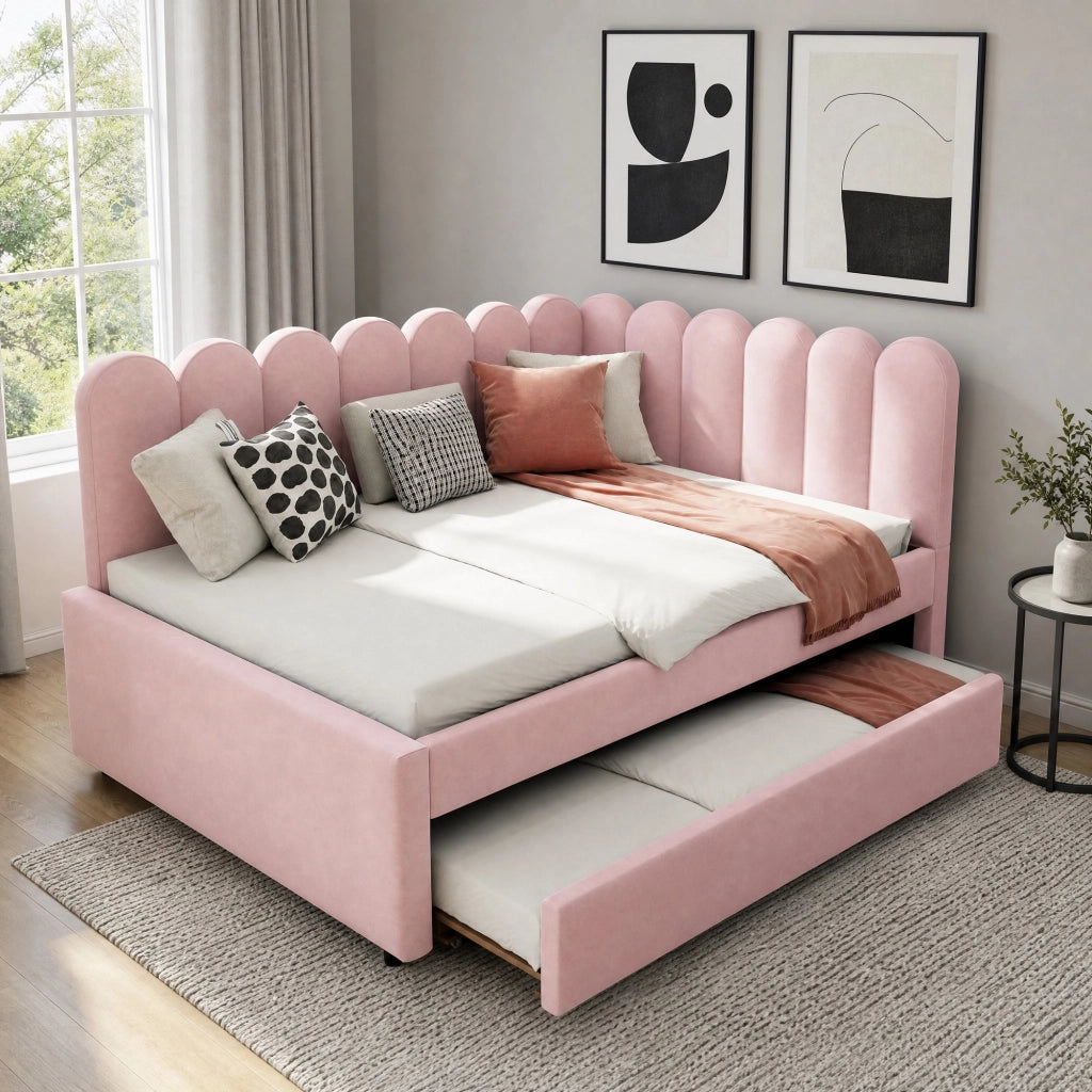 Letto imbottito a L rosa 140x200 cm con letto estraibile