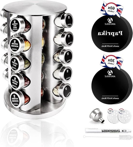 Carrello a vassoio per erbe con 20 contenitori da 100 ml - rotante a 360 gradi, supporto in acciaio inox