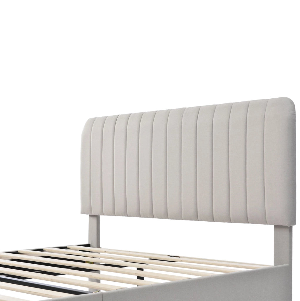 Letto matrimoniale imbottito 160x200 cm in lino grigio-beige; testiera regolabile; struttura in metallo e legno