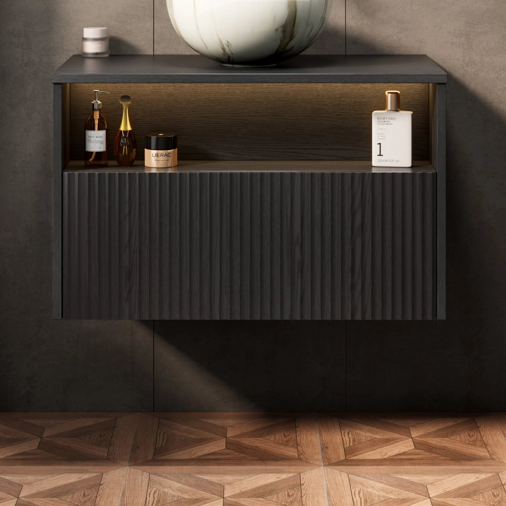 Mobile bagno sospeso con cassetto frontale in legno massello e struttura in compensato per bagno; nero; 89×55×54 cm