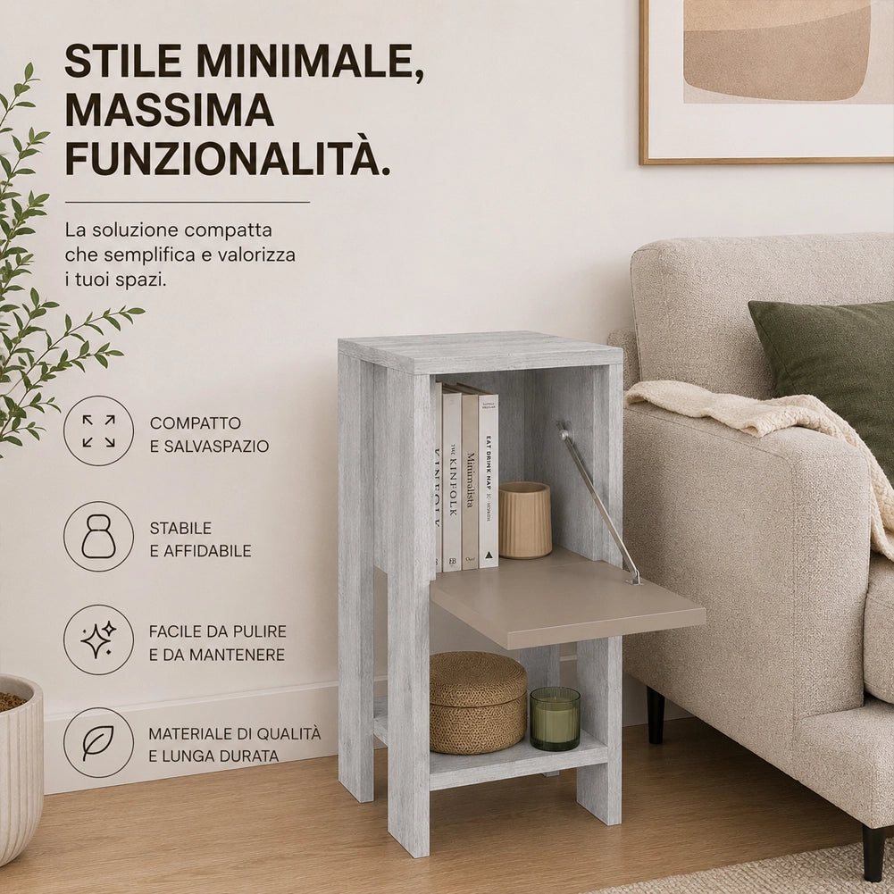 Comodino Mobiletto 2 Ripiani Anta Ribalta Tavolino Moderno Tortora Bianco Antico