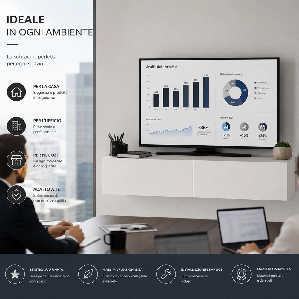 Mobile Porta Tv Sospeso da Salotto Mobiletto con 2 Cassetti Bianco 135x31.5x25cm