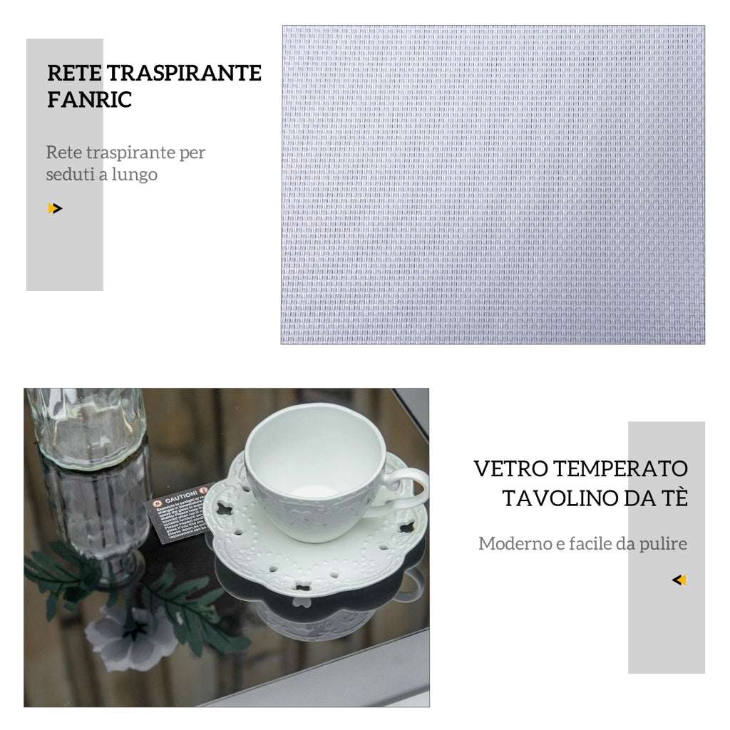 Set di 2 Lettini Prendisole 59x169x66 cm e Tavolino con Piano in Vetro Grigio Chiaro