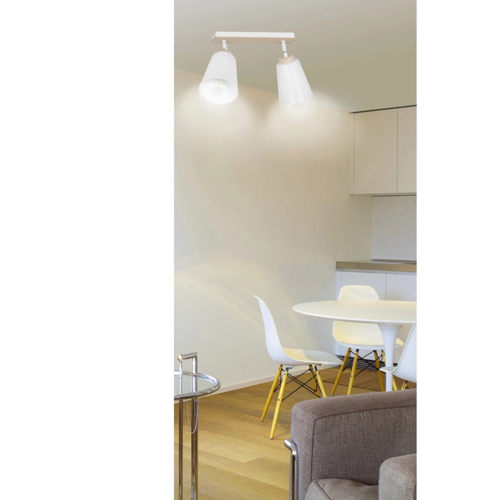Plafoniera Spot Faretti Orientabili 2 Luci Xiwangmu Acciaio Bianco E Legno Naturale