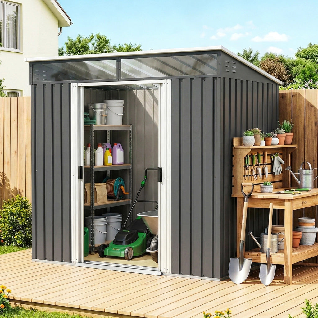 Casetta Giardino Attrezzi con Finestre ¨C Zephmum ¨C 195x122x181.5 cm Grigio Acciaio Zincato