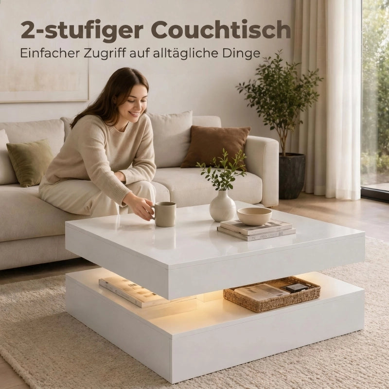 TAVOLINO Caffè LED 78x78 cm Bianco lucido con ripiano aperto
