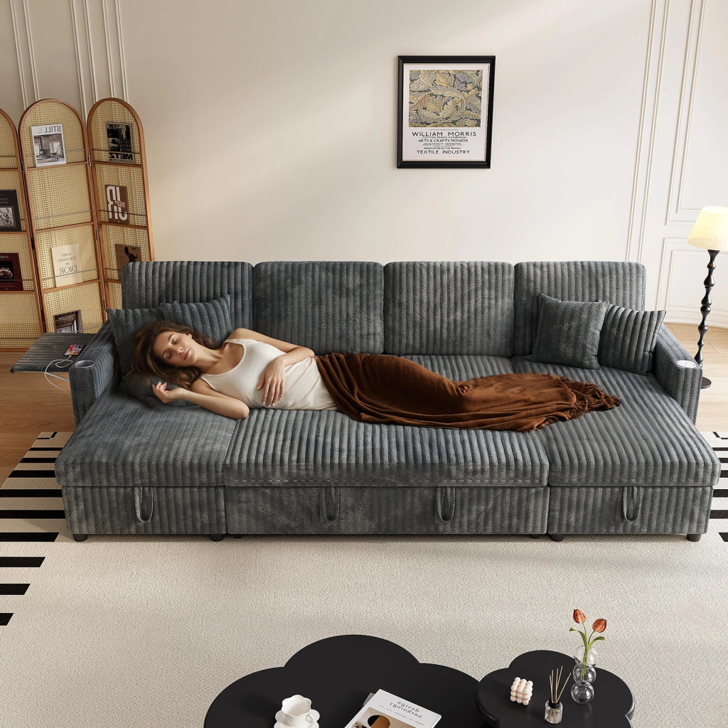 Divano panoramico a U modulare con funzione letto contenitore USB e braccioli regolabili in velluto a coste grigio