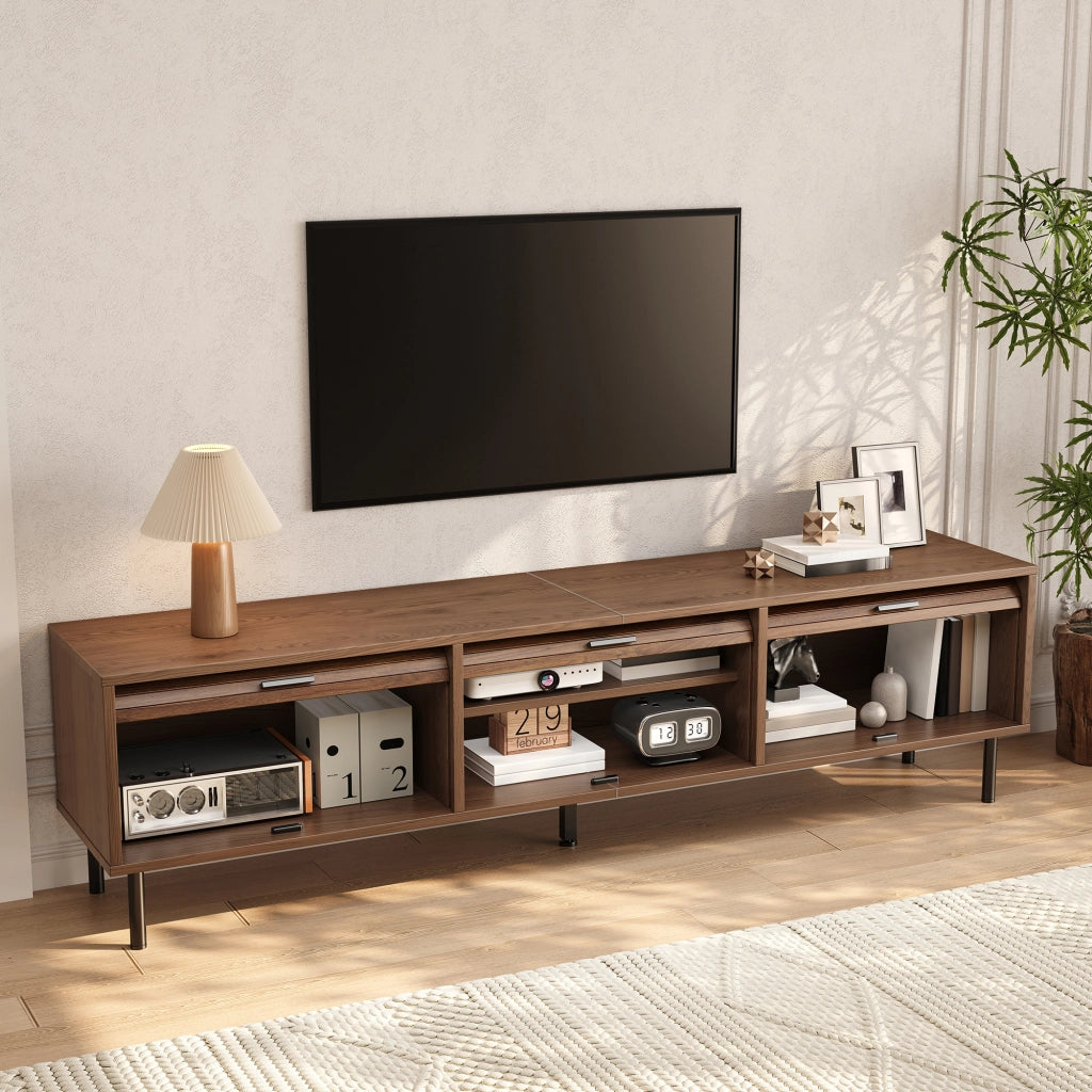 Mobile TV con 3 porte scorrevoli verso l'alto e 5 piedi in metallo; per soggiorno; 180 × 40 × 55 cm; noce