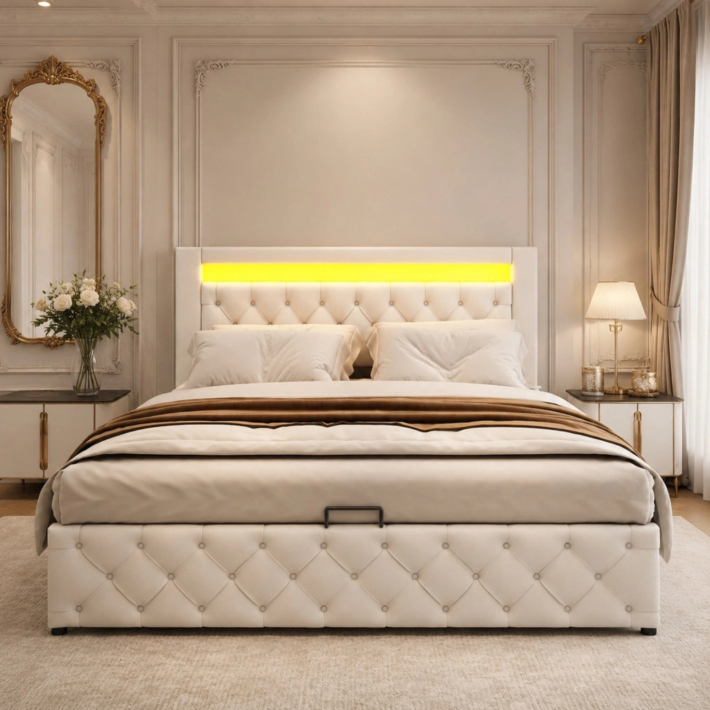 Letto imbottito 140 x 200 cm con rete a doghe, contenitore e illuminazione LED, bianco, PU