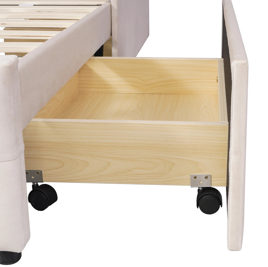 Letto singolo imbottito 90 x 200 cm con rete a doghe e cassetto beige