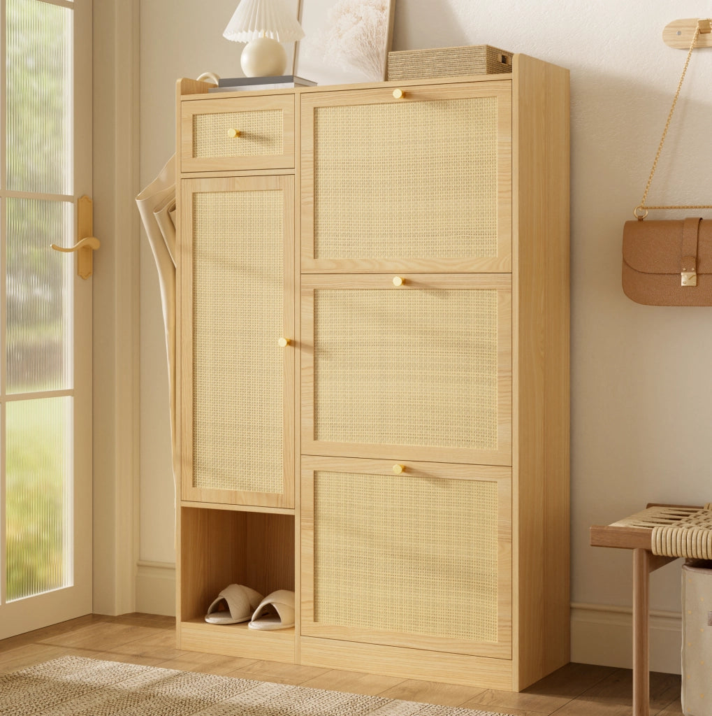 Scarpiera slim naturale con 3 ribalte, cassetto e vano laterale