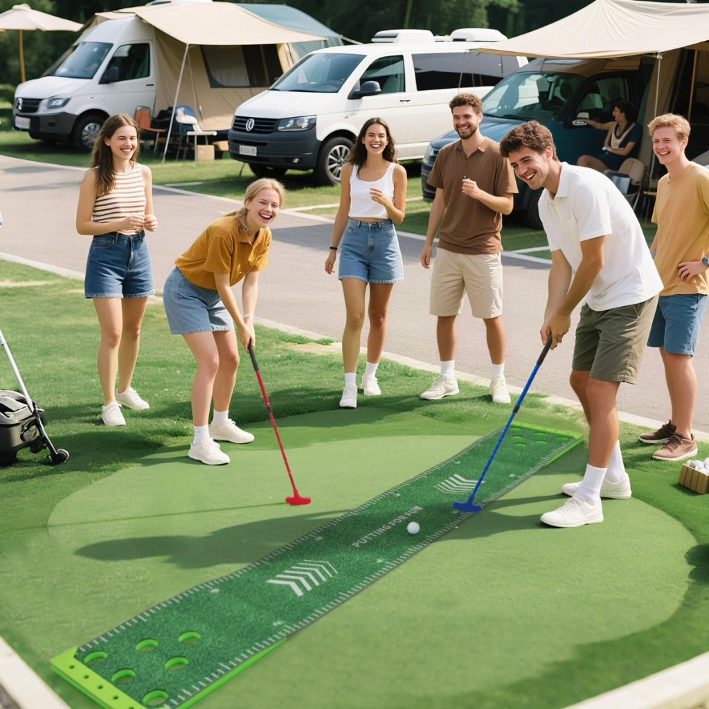 Set gioco golf pong con 2 putter regolabili da golf per allenamento interno, Tappeto da putting green 332 cm Verde