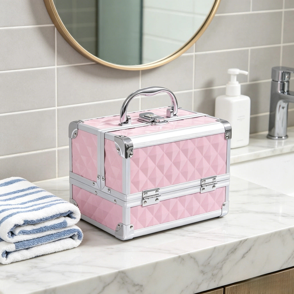 Beauty case trucco con 3 livelli; specchio e lucchetto - per viaggio - 20x15x15 cm - rosa