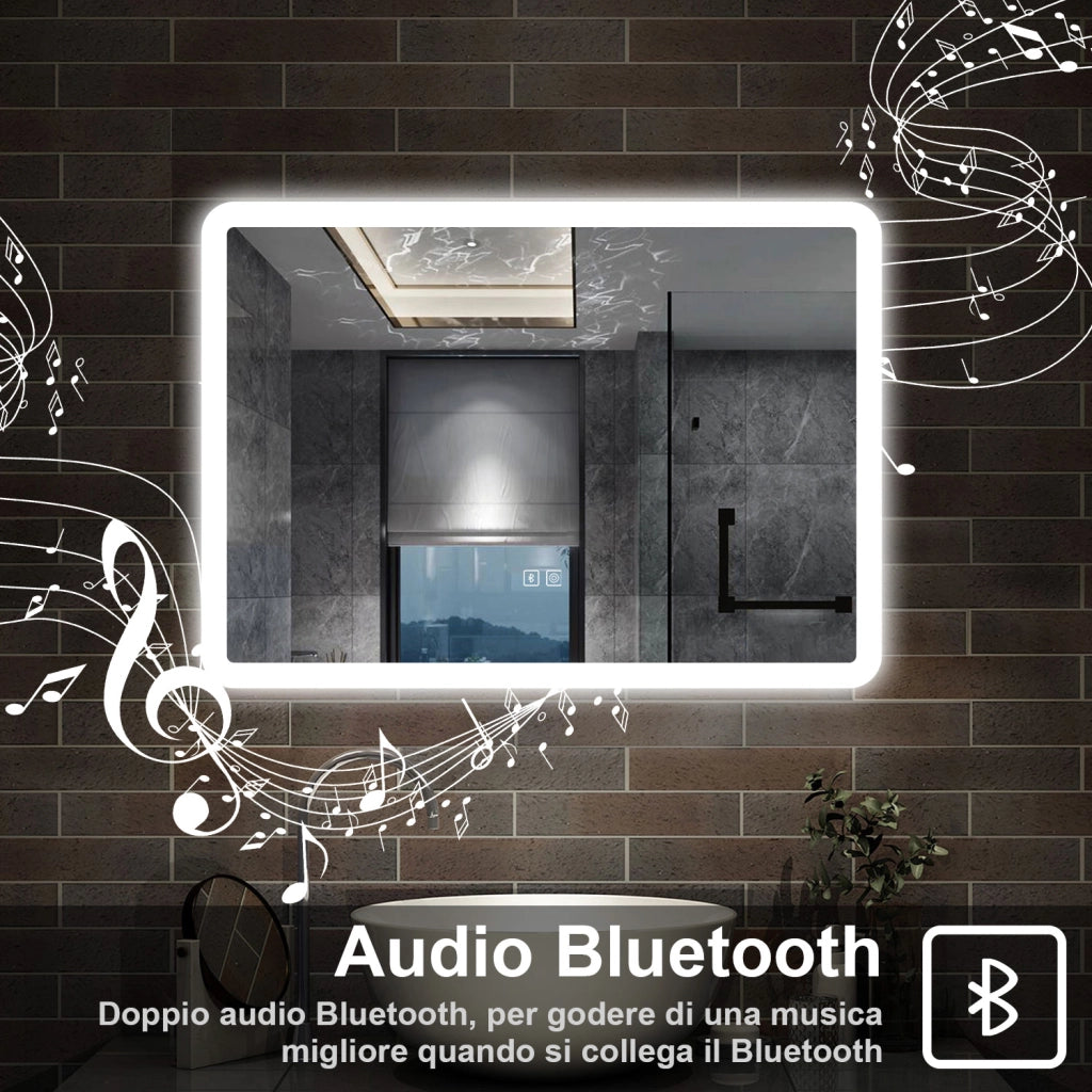 specchio rettangolare 70 x 50 cm con luce led a 3 colori, antiappannamento e touch, bluetooth