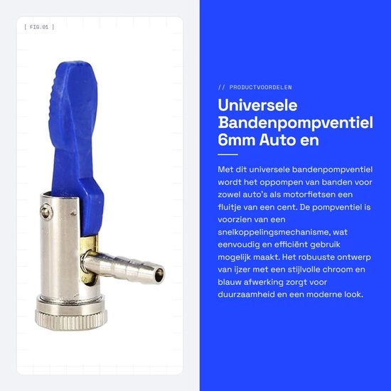 Pompa aeree universale con clip-on - Connettore rapido - Gessato in acciaio - Verniciatura blu - Finitura cromata - 6mm - In plastica blu - Valvola